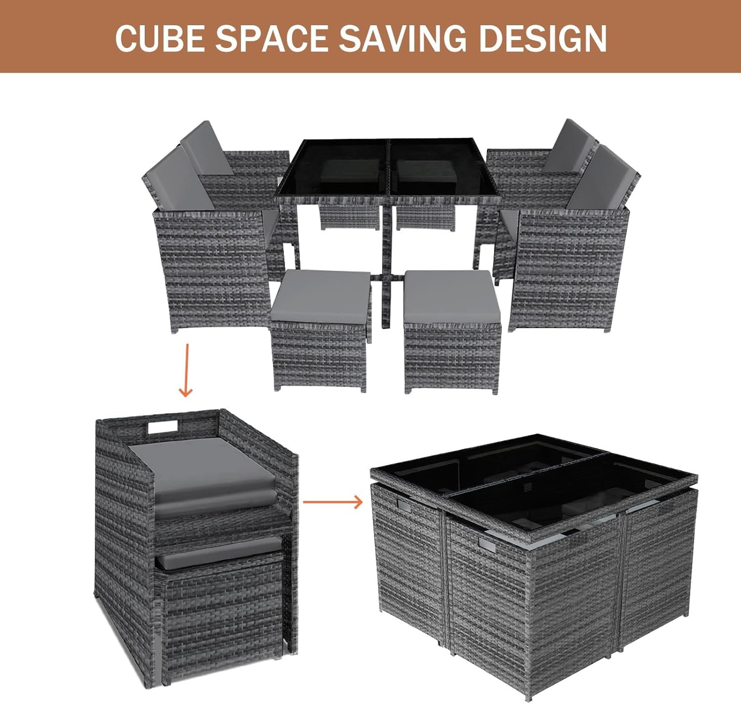 Panana 8 Seater Rattan Garden Dining Set with Table, 4 Chairs & 4 Stools, Cube Space Saving Outdoor Furniture for Patio, Conservator, Garden - Image 7