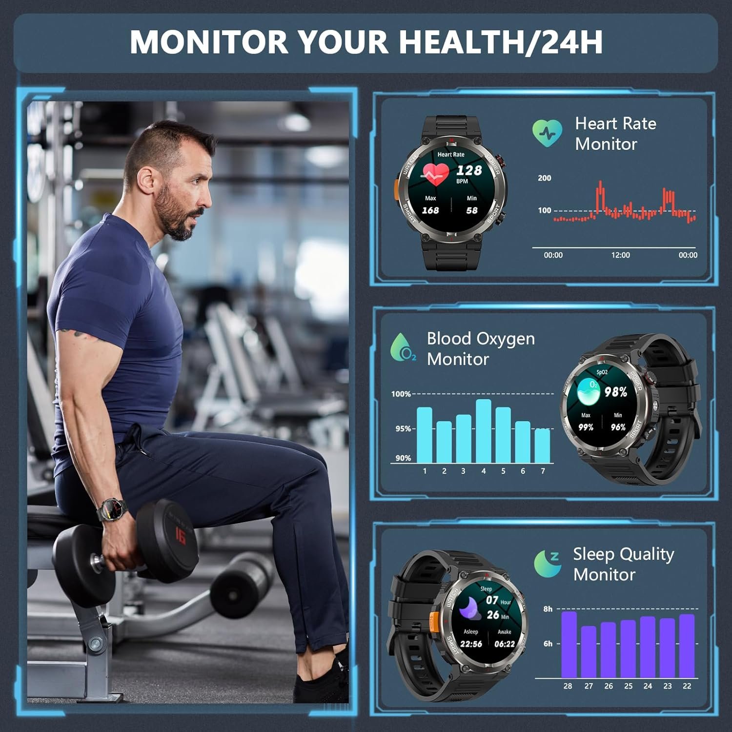 Military Smart Watch for Men(Answer/Make Calls),Outdoor Smartwatch with 100 Days Battery/LED Flashlight/Compass/Heart Rate/SpO2/Sleep Monitor/2 Straps, Rugged Fitness Watch for iPhone/Android Phones - Image 6