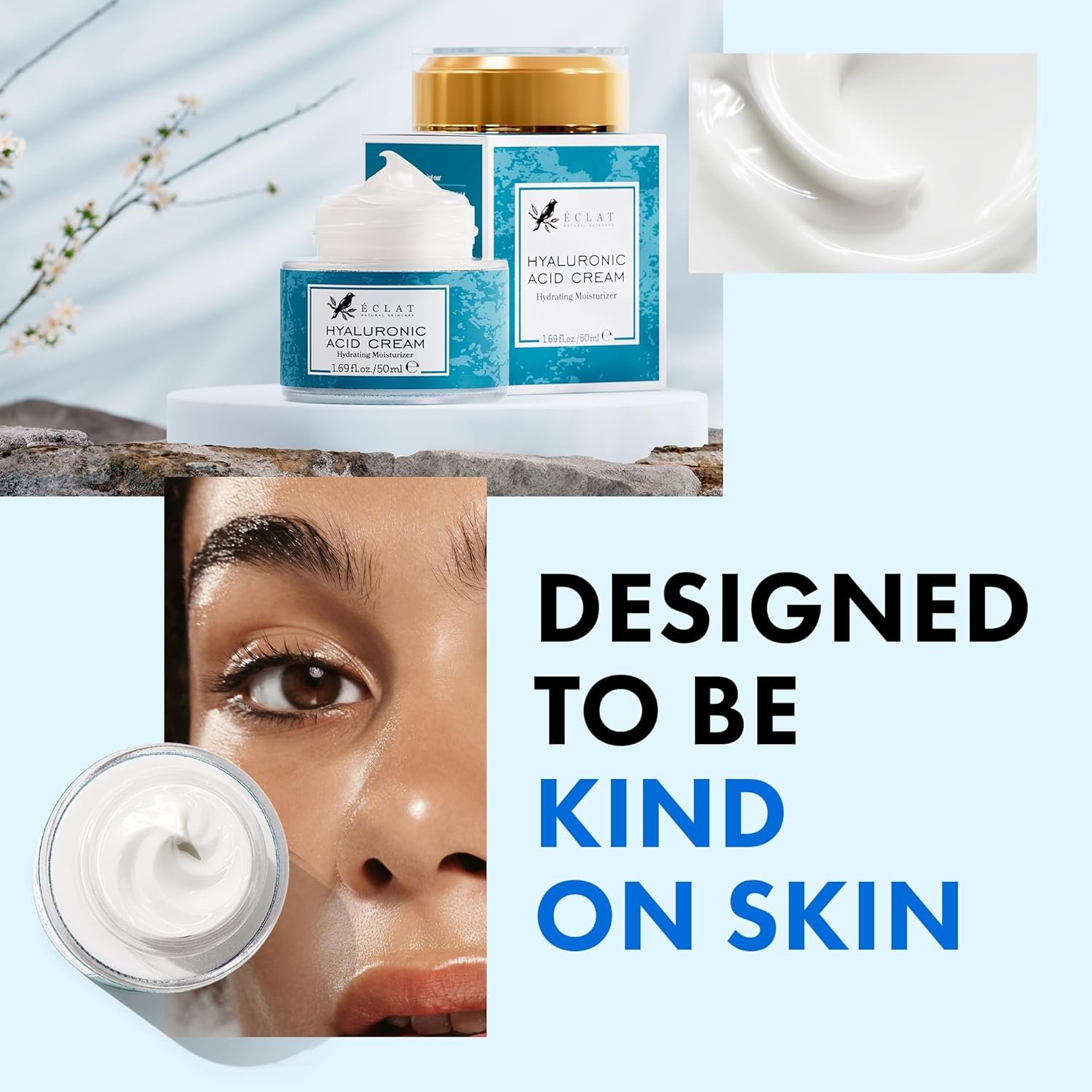 Eclat Skincare Hyaluronic Acid Moisturiser – Anti Aging Face Cream with Ceramides & Vitamin B5 - Hydrating Facial Moisturiser for Women & Men - Hyaluronic Acid Cream for Day & Night 50 ml - Image 5