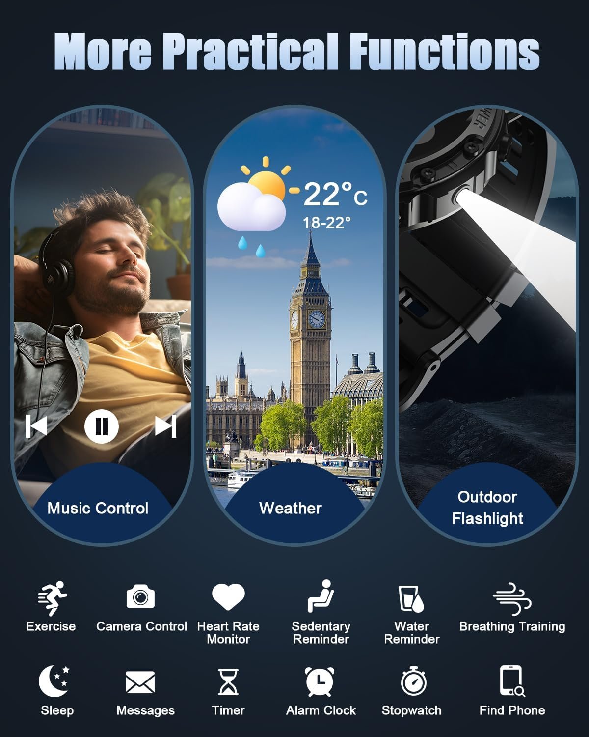 Military Smart Watch for Men Answer/Make Calls, 1.39" HD Fitness Tracker with Heart Rate/Sleep Monitor/Pedometer, 114+ Sports Mode Activity Trackers, IP68 Waterproof Outdoor Smartwatch for iOS Android - Image 8