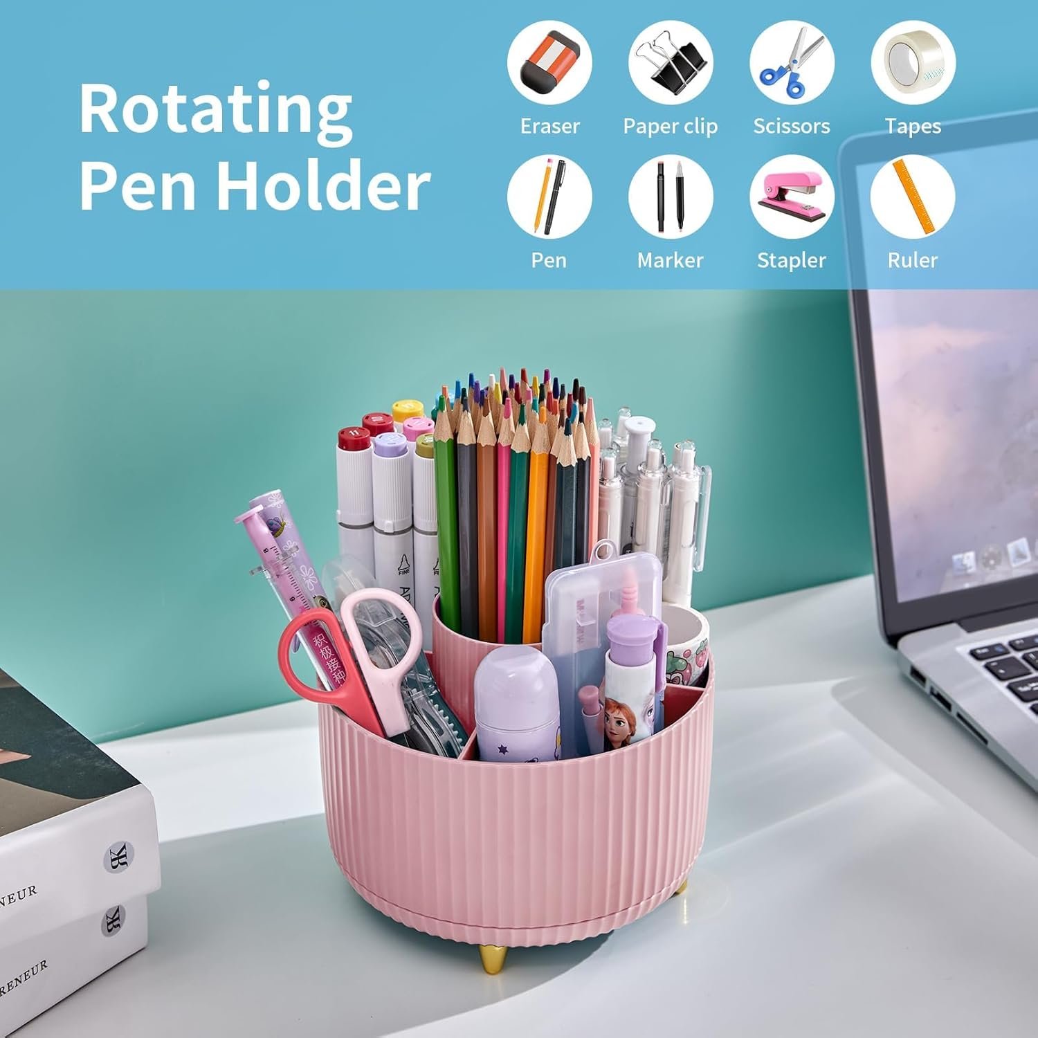 Marbrasse Desk Organiser,360-Degree Rotating Pen Holder for Desk Accessories with 5 Compartments Pencil Organiser, Pen Storage Box Caddy for Office,Home(Pink) - Image 2