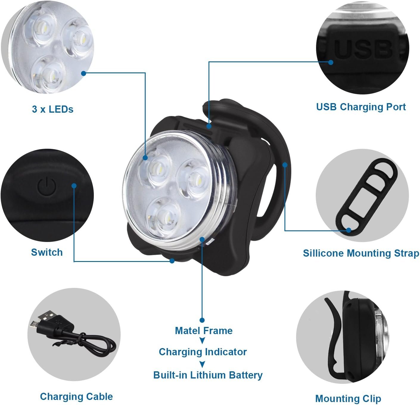 Bike Light Set, Super Bright USB Rechargeable Waterproof Mountain Road Safety & Easy Mount LED Bicycle Lights, USB Cycling Front & Rear Light - Image 4