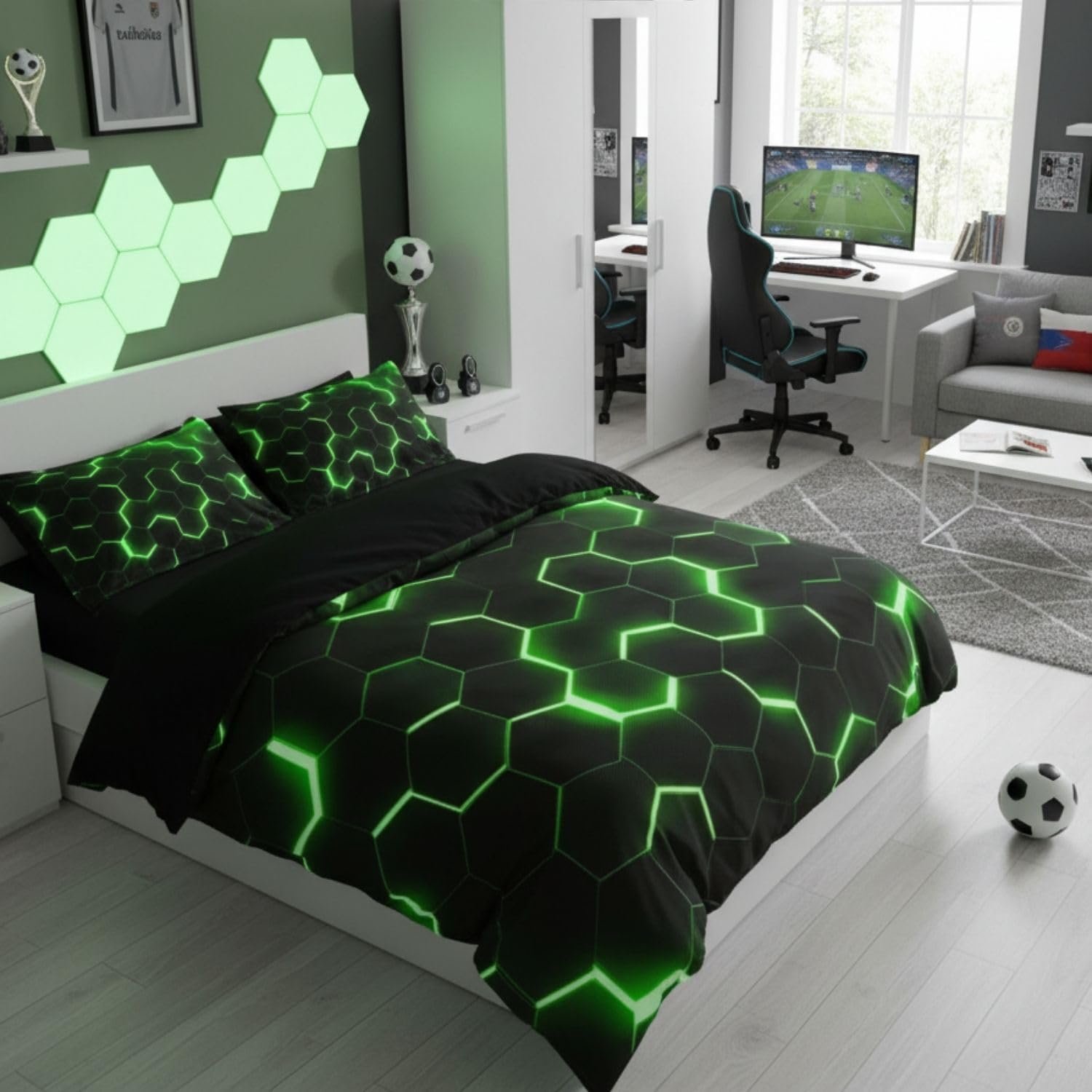 Homewish Geometric Duvet Cover Single Size,Teen Boys Green Black Neon Light Honeycomb Bedding Sets, Hexagon Comforter Modern Fashion Bedspread 1 Pillow Case Home Room Decor - Image 8