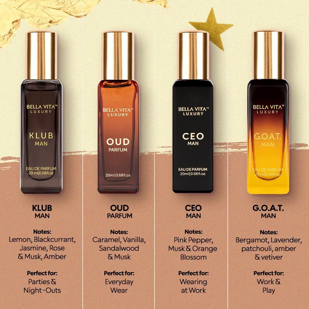 Bellavita Luxury Men's Gift Set with CEO Man, Klub, Oud & G.O.A.T. | Woody Citrus Spicy Aromatic Scent Profiles | Gift Set (4×20 ml) | Men's Perfume Gift Set | Perfect Valentine's Day Gift for Him - Image 2