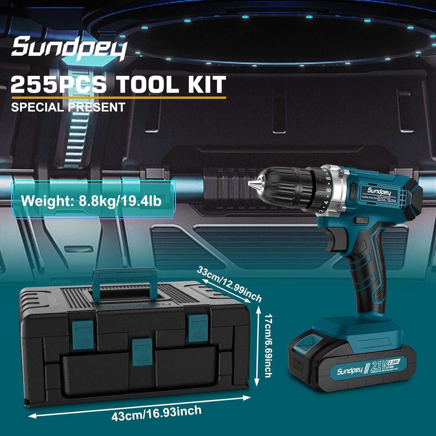 Sundpey Tool Kit with 21V Drill - Cordless Power Tool Set - 255-PCs General Basic Complete Home and Auto Repair Tools Set - Protable Household Tool Kit for Men Women(Wrench & Socket & Screwdriver Kit) - Image 3