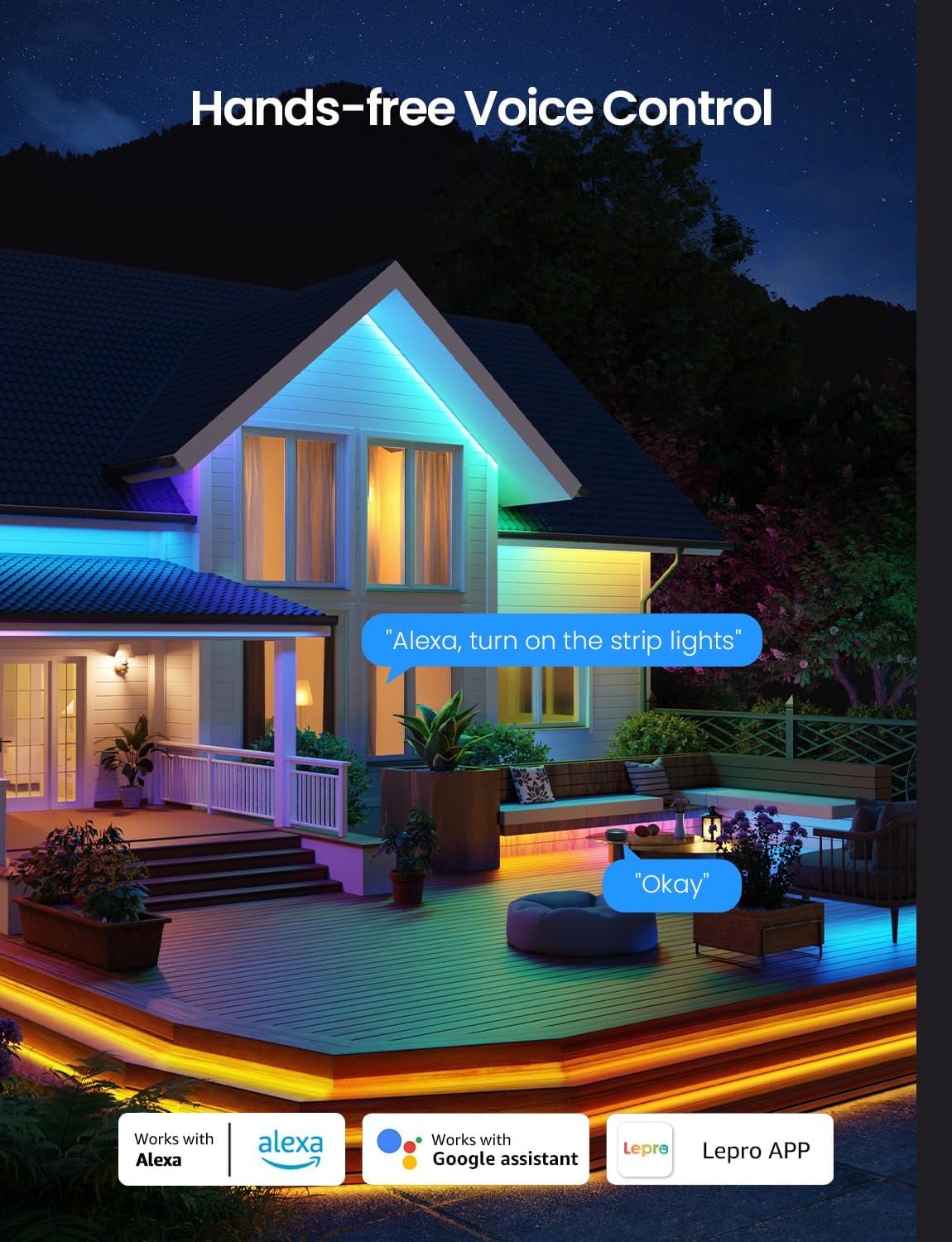 Lepro SW1 AI Smart Outdoor LED Strip, RGBWIC 5M Outdoor Lights IP65 Waterproof, Work with Alexa, Google Assistant, Tunable White, 1750lm Dimmable, Music Sync, for Garden, Eave, Garage and More - Image 3