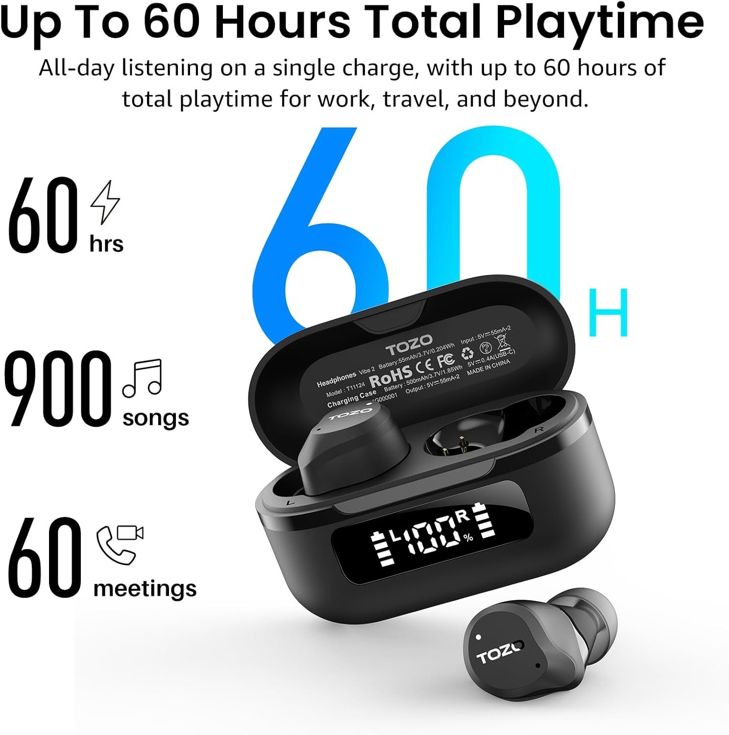 TOZO NC9 Hybrid Active Noise Cancelling Earbuds for Travel Work Calls, 45dB ANC Wireless Earbuds, 6-Mic ENC for Clear Calls, Deep Bass 60H Playtime IPX8 Bluetooth 5.3 Ear Buds with App for Custom EQ - Image 4