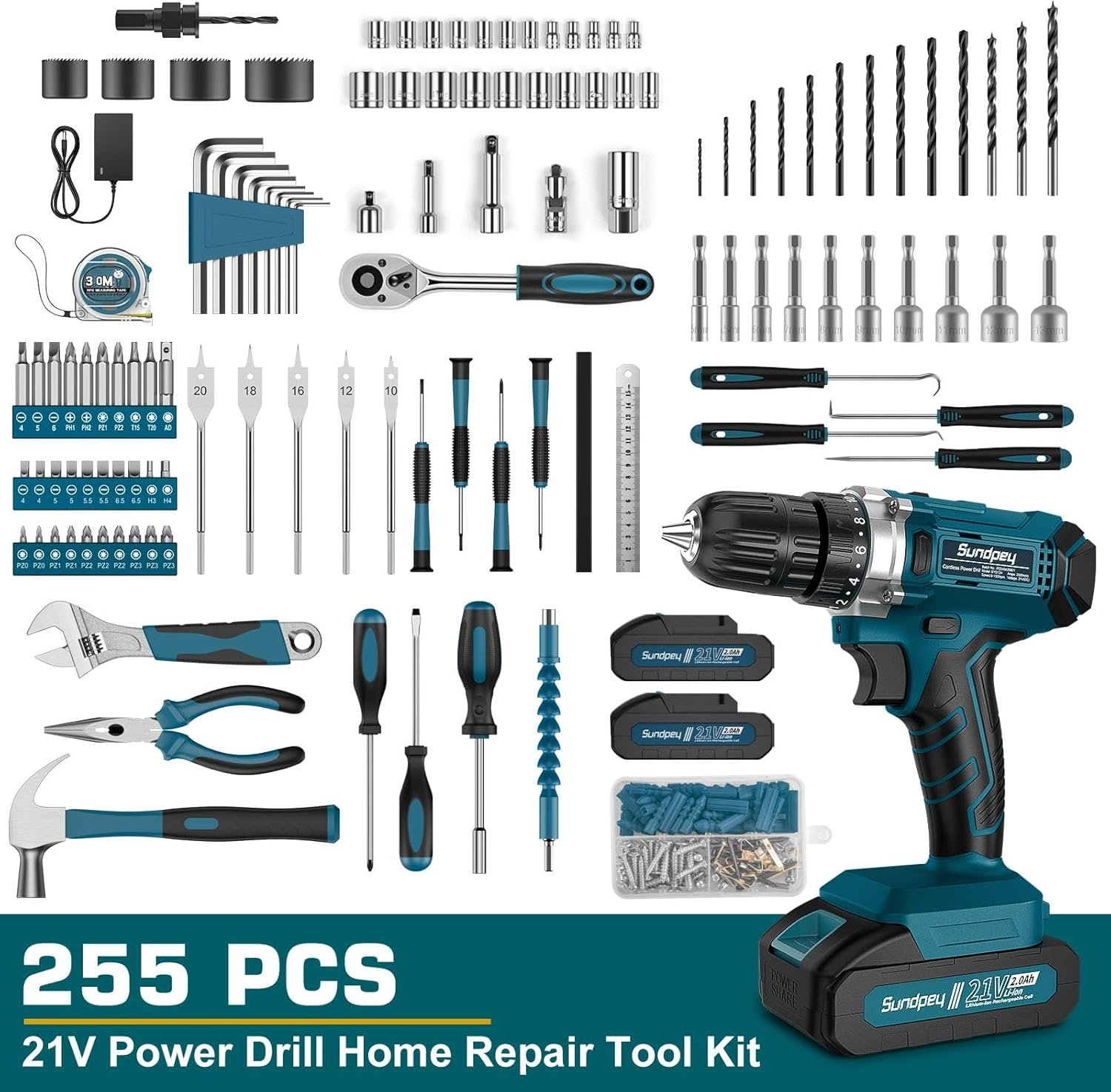 Sundpey Tool Kit with 21V Drill - Cordless Power Tool Set - 255-PCs General Basic Complete Home and Auto Repair Tools Set - Protable Household Tool Kit for Men Women(Wrench & Socket & Screwdriver Kit) - Image 2
