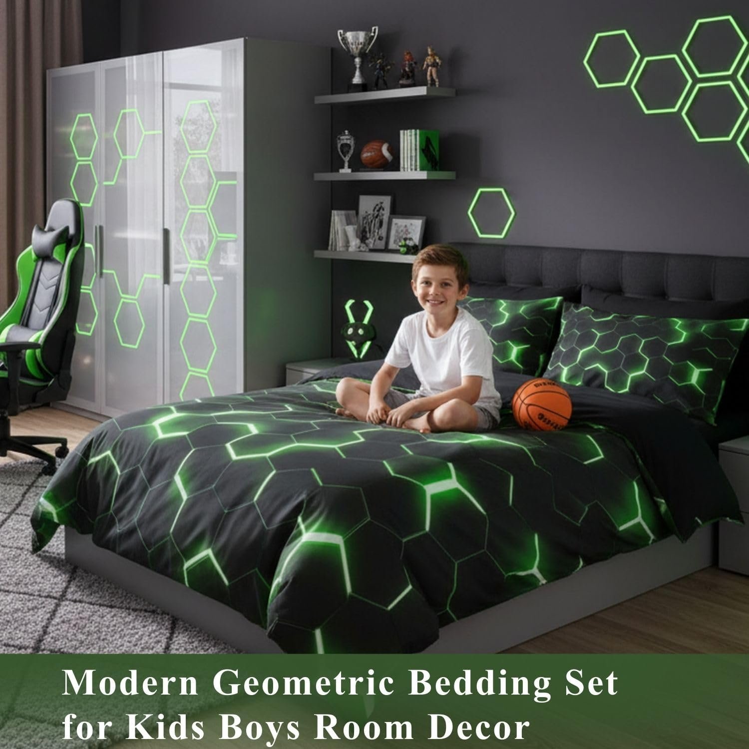 Homewish Geometric Duvet Cover Single Size,Teen Boys Green Black Neon Light Honeycomb Bedding Sets, Hexagon Comforter Modern Fashion Bedspread 1 Pillow Case Home Room Decor - Image 4