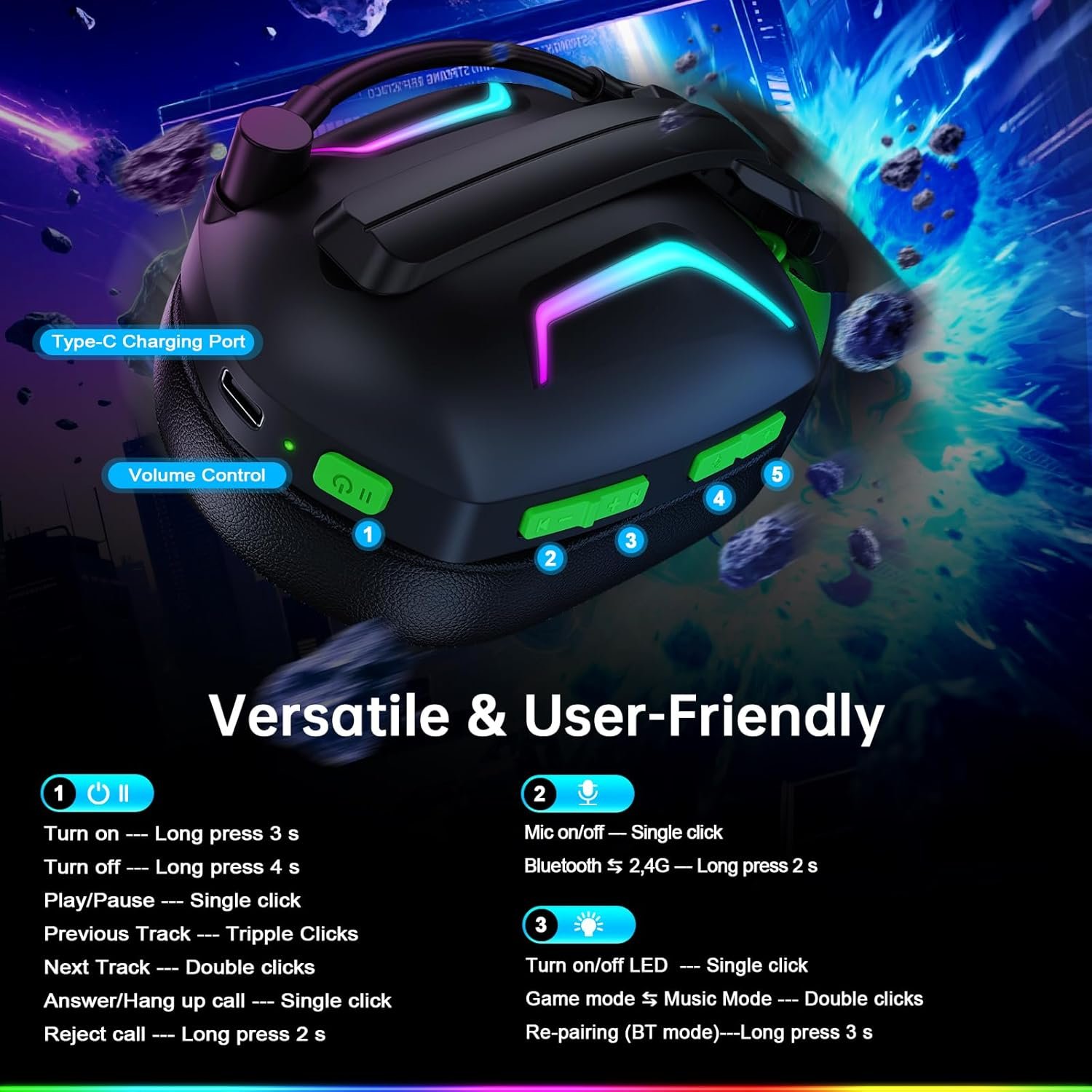 Fachixy FC300 Wireless Gaming Headset with Mic - Bluetooth and 2.4GHz USB Gaming Headphones with 50Hr Battery & 3D Stereo Sound for PS5, PS4, PC, Mac, Mobile - Black Green - Image 6