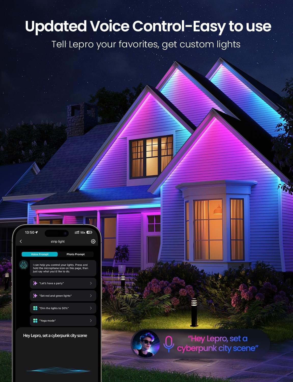 Lepro SW1 AI Smart Outdoor LED Strip, RGBWIC 5M Outdoor Lights IP65 Waterproof, Work with Alexa, Google Assistant, Tunable White, 1750lm Dimmable, Music Sync, for Garden, Eave, Garage and More - Image 8