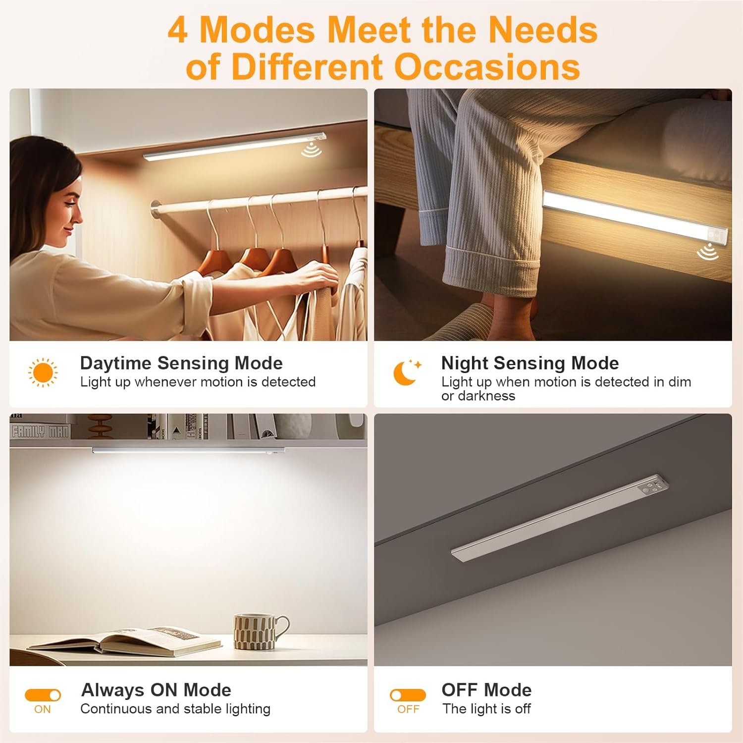 Gritin Under Cabinet Kitchen Lights Rechargeable-3 Color Temps&5 Level Brightness, Super Bright, 4 Modes, Motion Sensor, Long Lasting-Easy Installation Strong Magnetic Under Closet Light-37.5CM/2Pack - Image 6