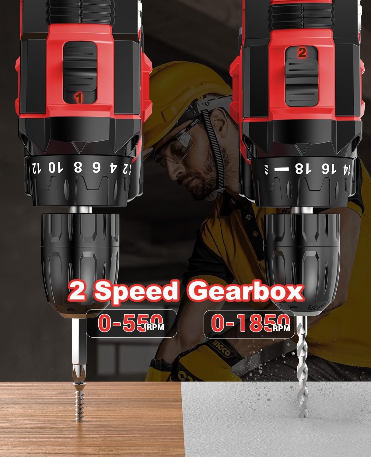 Cordless Drill, Power Drill 21V, Electric Drill Set 42N.m with 2 Batteries 2.0Ah, 10mm Chuck, 2 Speeds, 18+1 Torque, LED Light, 14pcs Drill Set for Garden DIY Project, Red - Image 5
