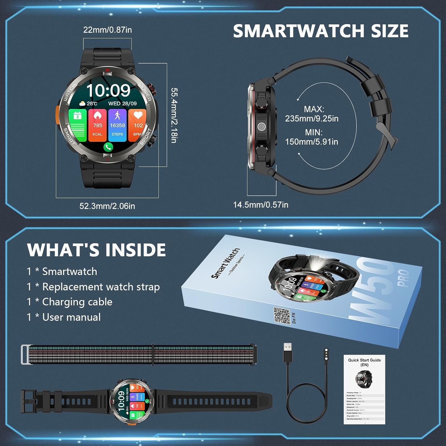 Military Smart Watch for Men(Answer/Make Calls),Outdoor Smartwatch with 100 Days Battery/LED Flashlight/Compass/Heart Rate/SpO2/Sleep Monitor/2 Straps, Rugged Fitness Watch for iPhone/Android Phones - Image 8