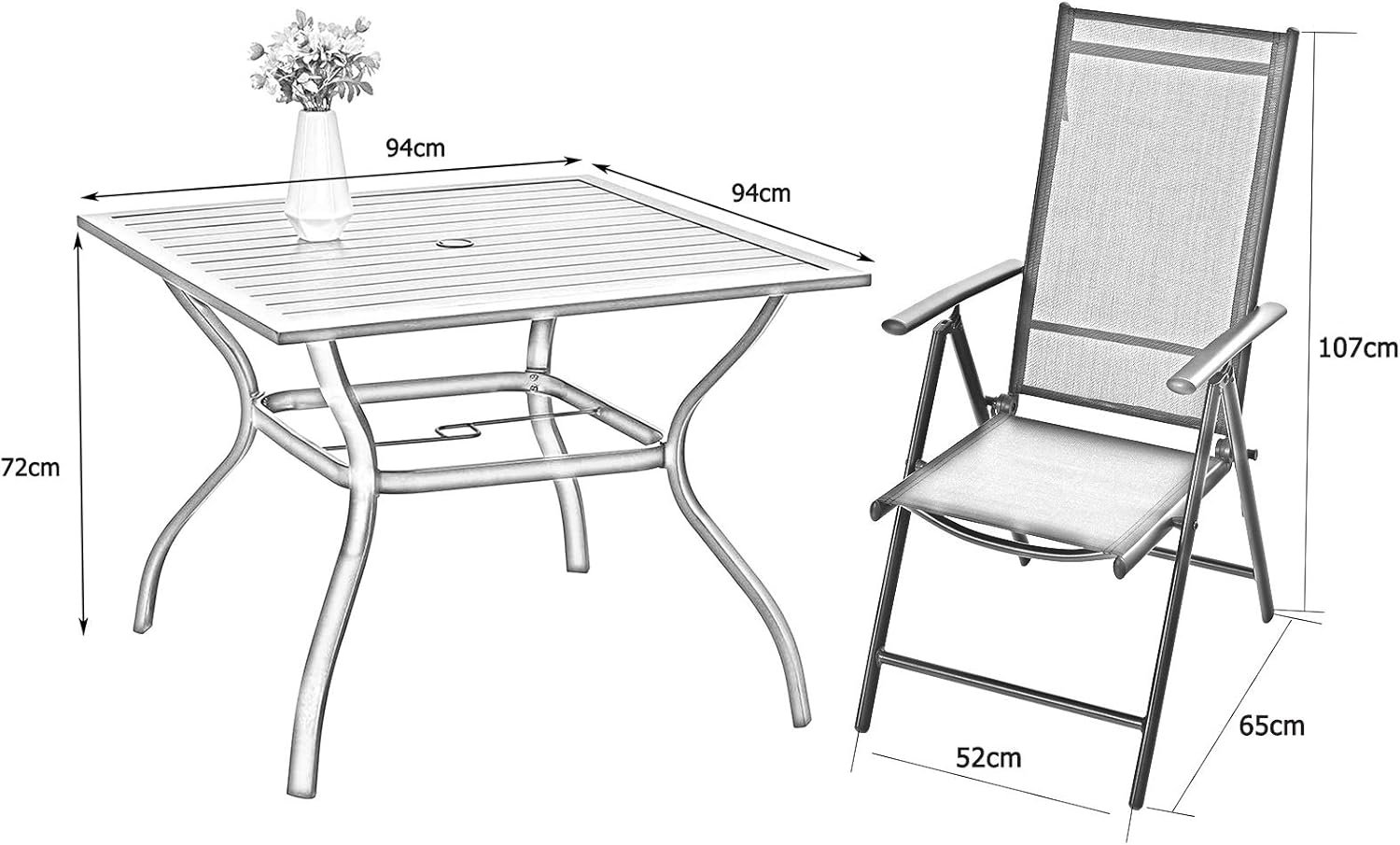 PHIVILLA 4 Seater Garden Dining Table and Chairs Set 4 Patio Set Furniture Metal Garden Table and Aluminum Recliner Chair Black (Black) - Image 2