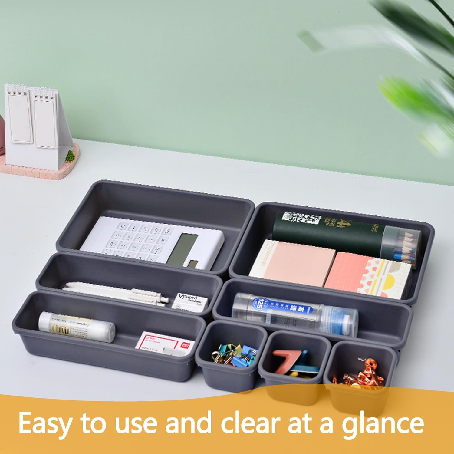 8Pcs Drawer Organiser - Interlocking Drawer Dividers Plastic Storage Trays, 3 Sizes Uncluttered Storage Drawer Tidy Trays Dividers for Kitchen Office Desk Make-Up Stationery Bathroom Jewellery (Grey) - Image 3