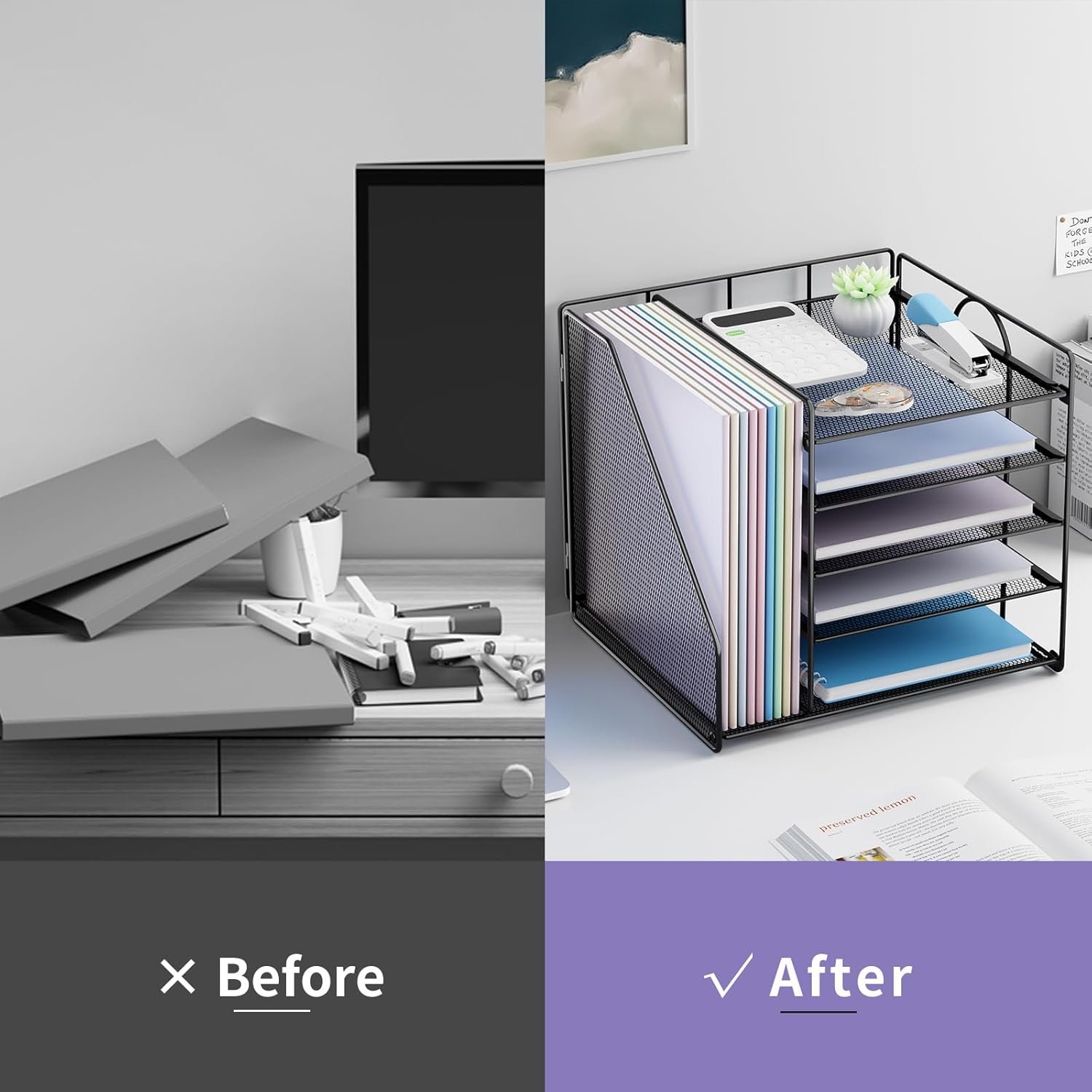 Desk Organizers, 5-Tier Paper Letter Tray Organizer with File Holder, Mesh File Organizer, Desktop Organizers and Storage for Desk Accessories Office Supplies, Black - Image 3