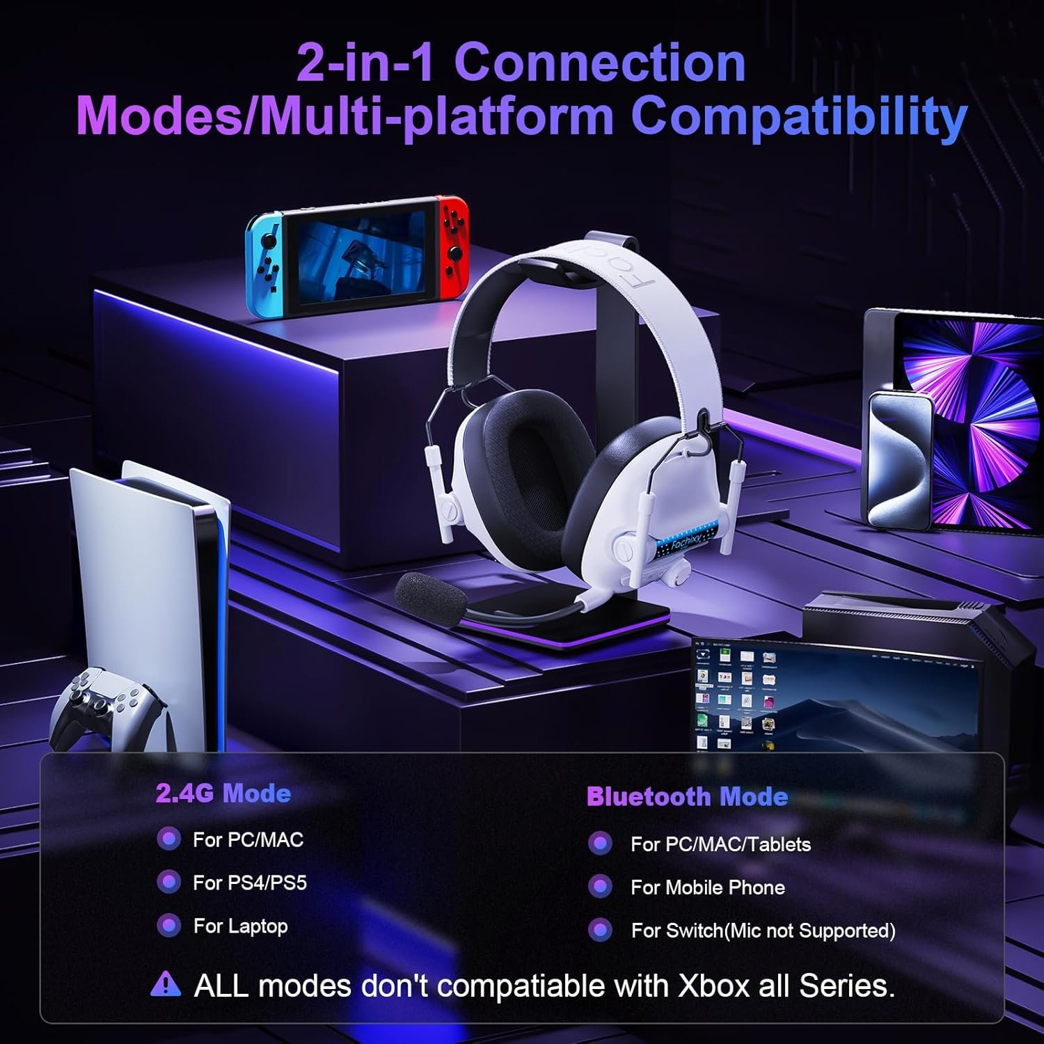 Fachixy FC400 Wireless Gaming Headset, Bluetooth Gaming Headphones with Mic for PS5, PS4, PC, Switch, Laptop, Mac, Fast Charge 50Hr Battery and Cool Lights - White Black - Image 10