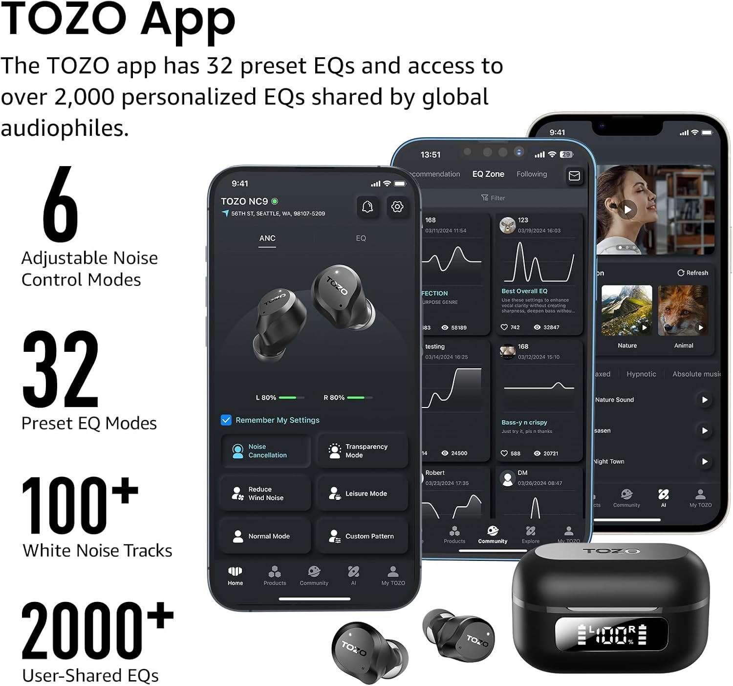 TOZO NC9 Hybrid Active Noise Cancelling Earbuds for Travel Work Calls, 45dB ANC Wireless Earbuds, 6-Mic ENC for Clear Calls, Deep Bass 60H Playtime IPX8 Bluetooth 5.3 Ear Buds with App for Custom EQ - Image 6
