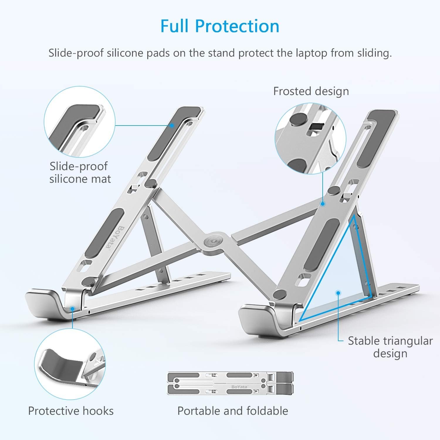 BoYata Laptop Stand, 6 Levels of Height Adjustable Portable Laptop Holder for Desk, Aluminum Foldable Laptop Riser, Compatible with MacBook Air/Pro, Dell, HP, Acer, Most 10-15.6” Laptops-Silver - Image 4