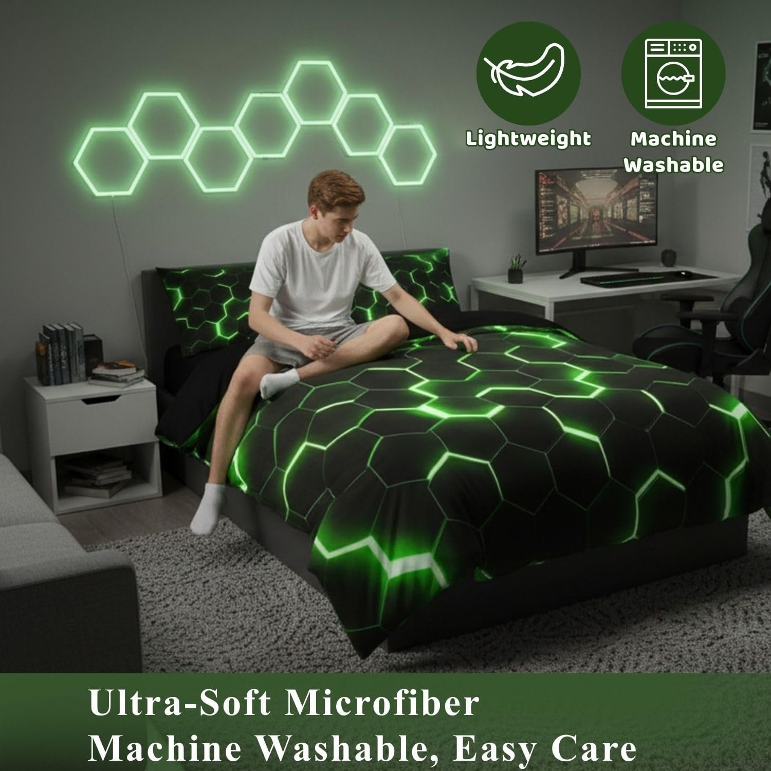 Homewish Geometric Duvet Cover Single Size,Teen Boys Green Black Neon Light Honeycomb Bedding Sets, Hexagon Comforter Modern Fashion Bedspread 1 Pillow Case Home Room Decor - Image 3