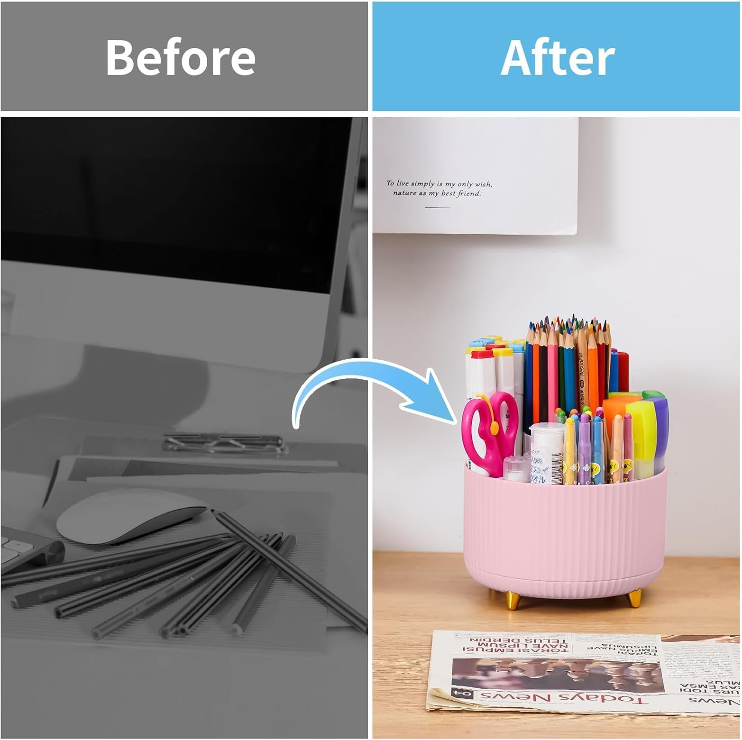Marbrasse Desk Organiser,360-Degree Rotating Pen Holder for Desk Accessories with 5 Compartments Pencil Organiser, Pen Storage Box Caddy for Office,Home(Pink) - Image 3