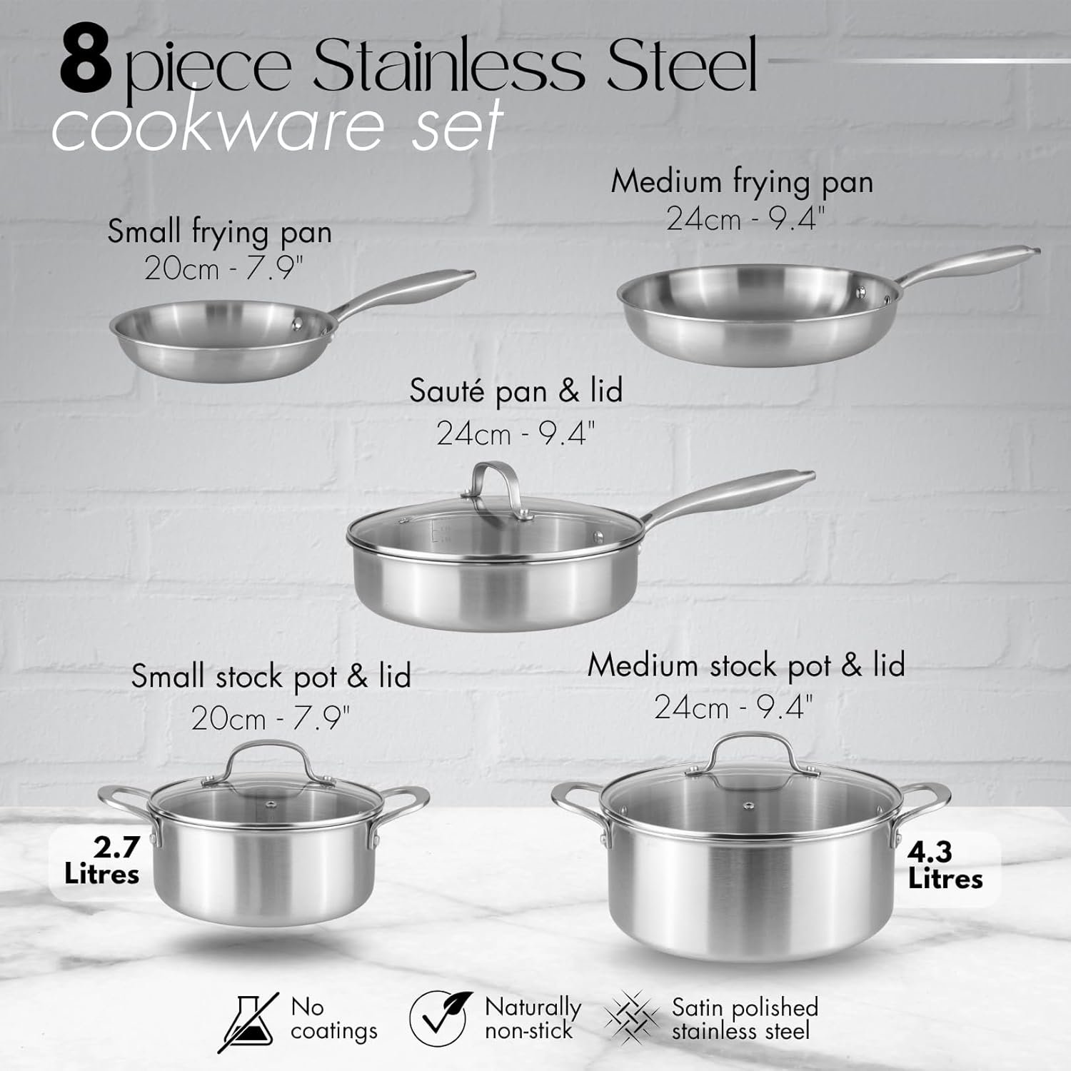 Stainless Steel Pots and Pans Set – 8pcs Cookware with Glass Lids – Induction Hob Pot Set – Cooking Saucepan Pots & Frying Pan Set – by Nuovva - Image 2