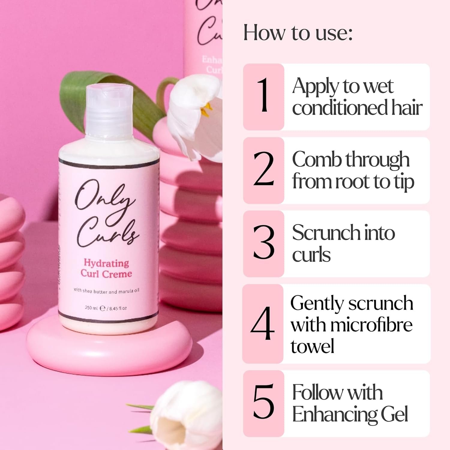 Only Curls Hydrating Curl Crème Duo, Curly Hair Product, Curl Enhancer & Control, Hydrating, Leave-in Styling Cream, Soft, Defined, Frizz-Free Curls, All Curly Hair Types, Vegan Formula, 250 ml x2 - Image 6