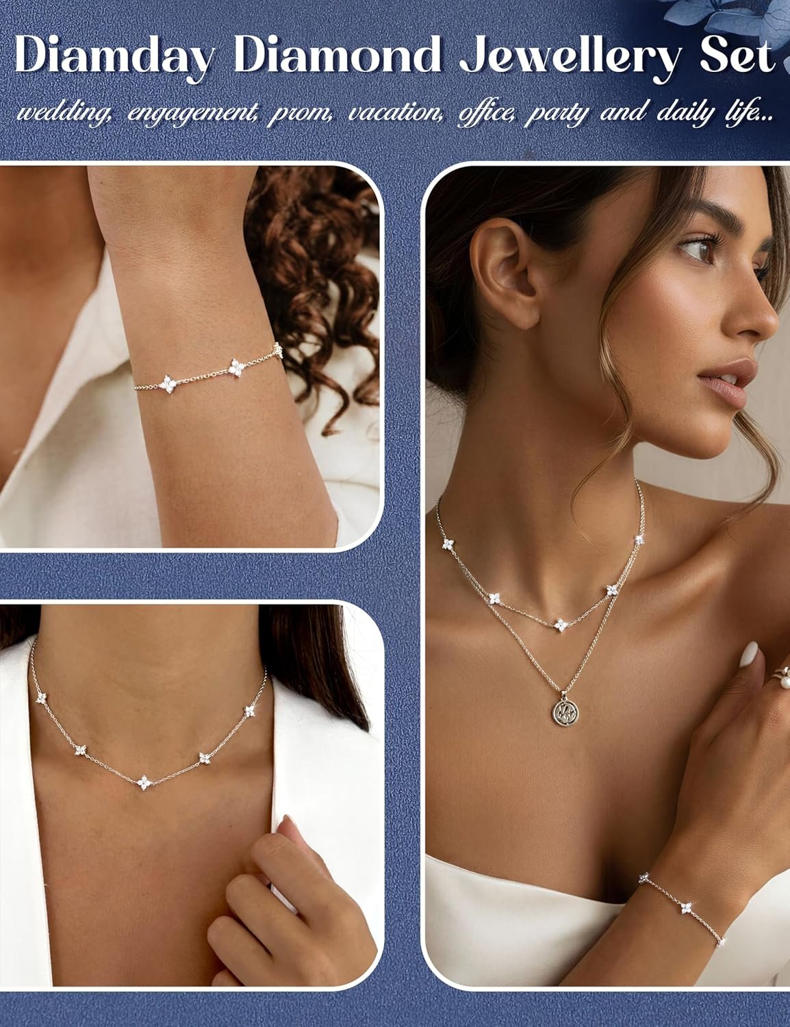 Diamday 925 Sterling Silver Necklace for Women Silver Gold Jewelry Set Adjustable Choker Necklace Bracelet for Women Dainty Cubic Zirconia Costume Jewelry Wedding Brides Women's Jewelry Sets - Image 5