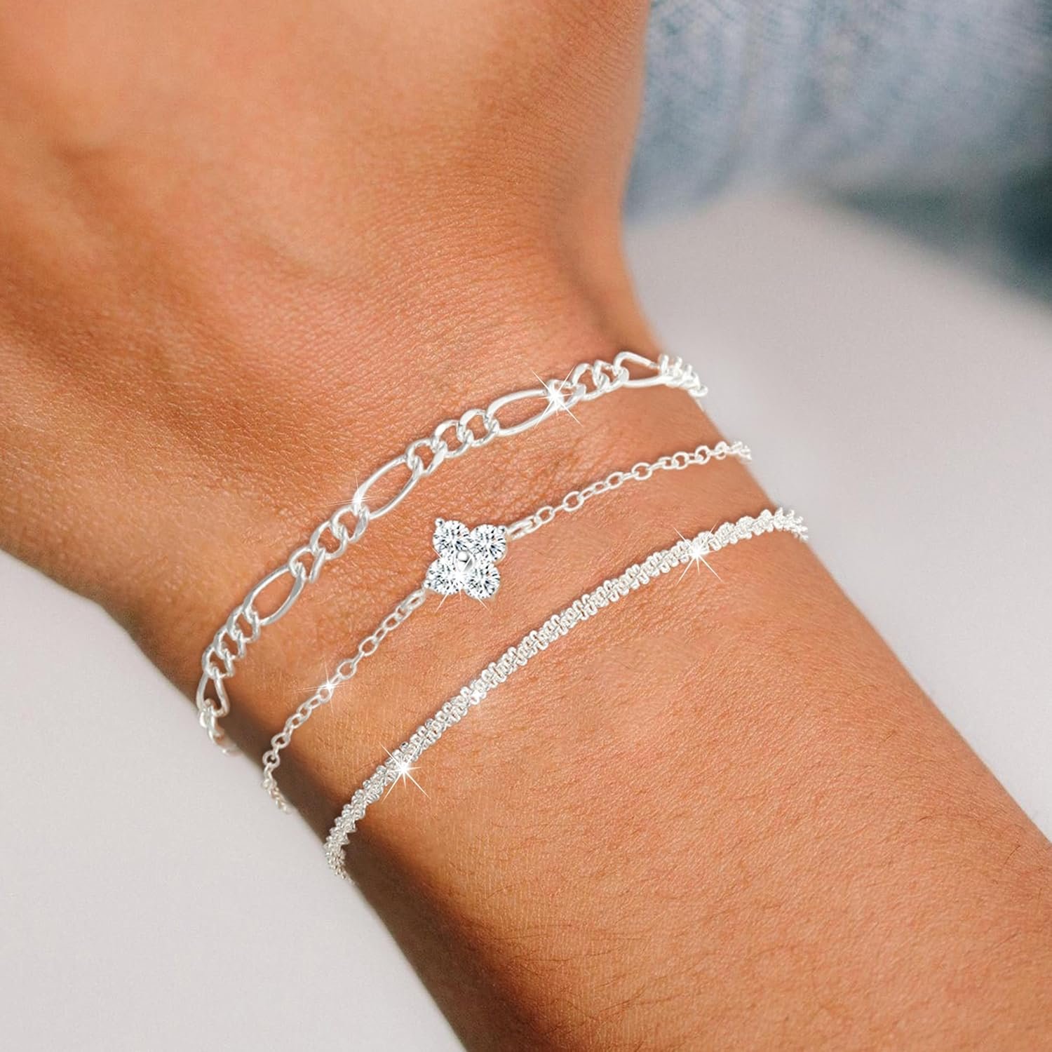 3Pcs Silver Chain Bracelets,925 Sterling Silver Bracelet Adjustable Stackable Figaro Tennis Bracelet Jewellery Gifts for Women - Image 2