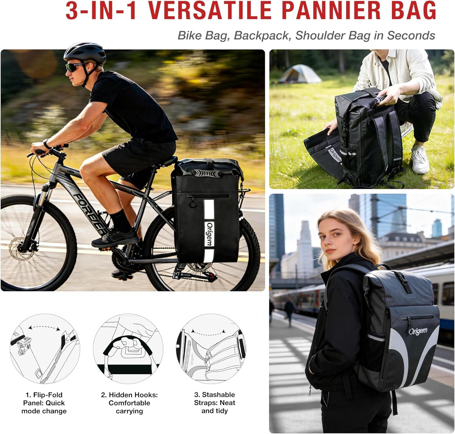 Origem Bike Pannier Bag 32L, 3-in-1 Bicycle Bags for Pannier Rack, Waterproof Reflective Strips Rear Rack Bag Commuter Backpack for Cycling Touring Travelling Commuting - Image 2