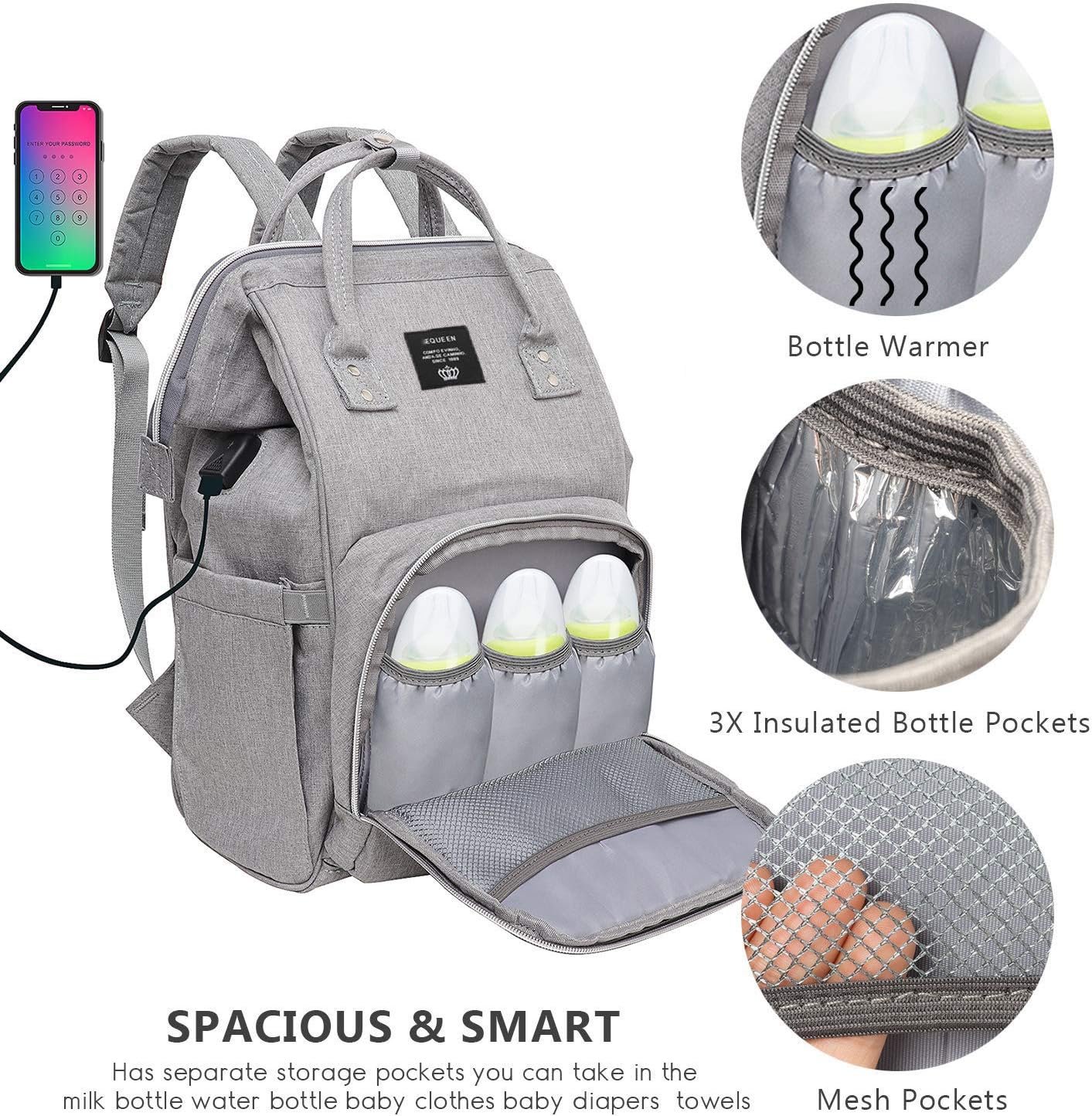 Baby Diaper Bag Backpack, Multi-Function Waterproof Maternity Nappy Bags with USB Port for Mom & Dad, Large Capacity (Grey) - Image 3