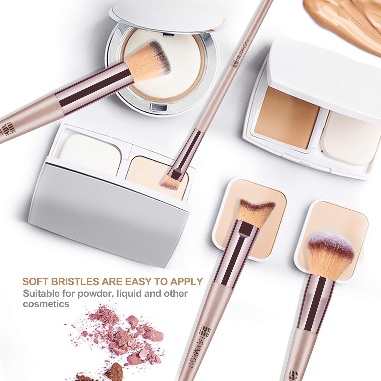 HEYMKGO Makeup Brushes, 15 Pcs Make Up Brushes Set Professional Champagne Gold Makeup Brush Pack, Foundation Blending Powder Blush Concealers Eyeshadow Eyeliner Make-up Brush Kits with Cosmetics Bag - Image 6