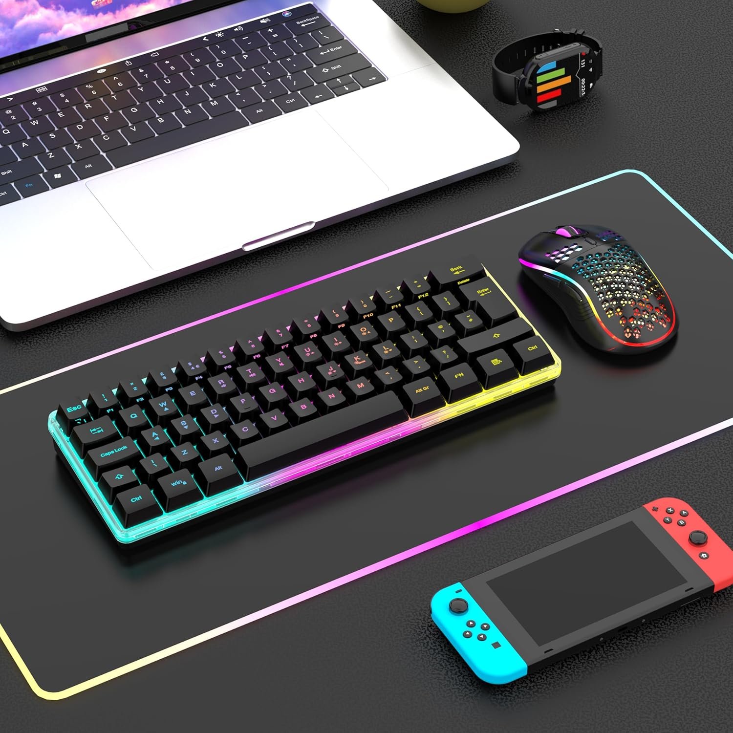 RedThunder K62 Wireless 60% RGB Gaming Keyboard and Mouse Combo, UK Layout 62 Keys Ultra Compact Backlit Mini Keyboard, Lightweight Cellular Optical Mouse, Portable Set for PC PS5 Xbox Gamers (Black) - Image 2