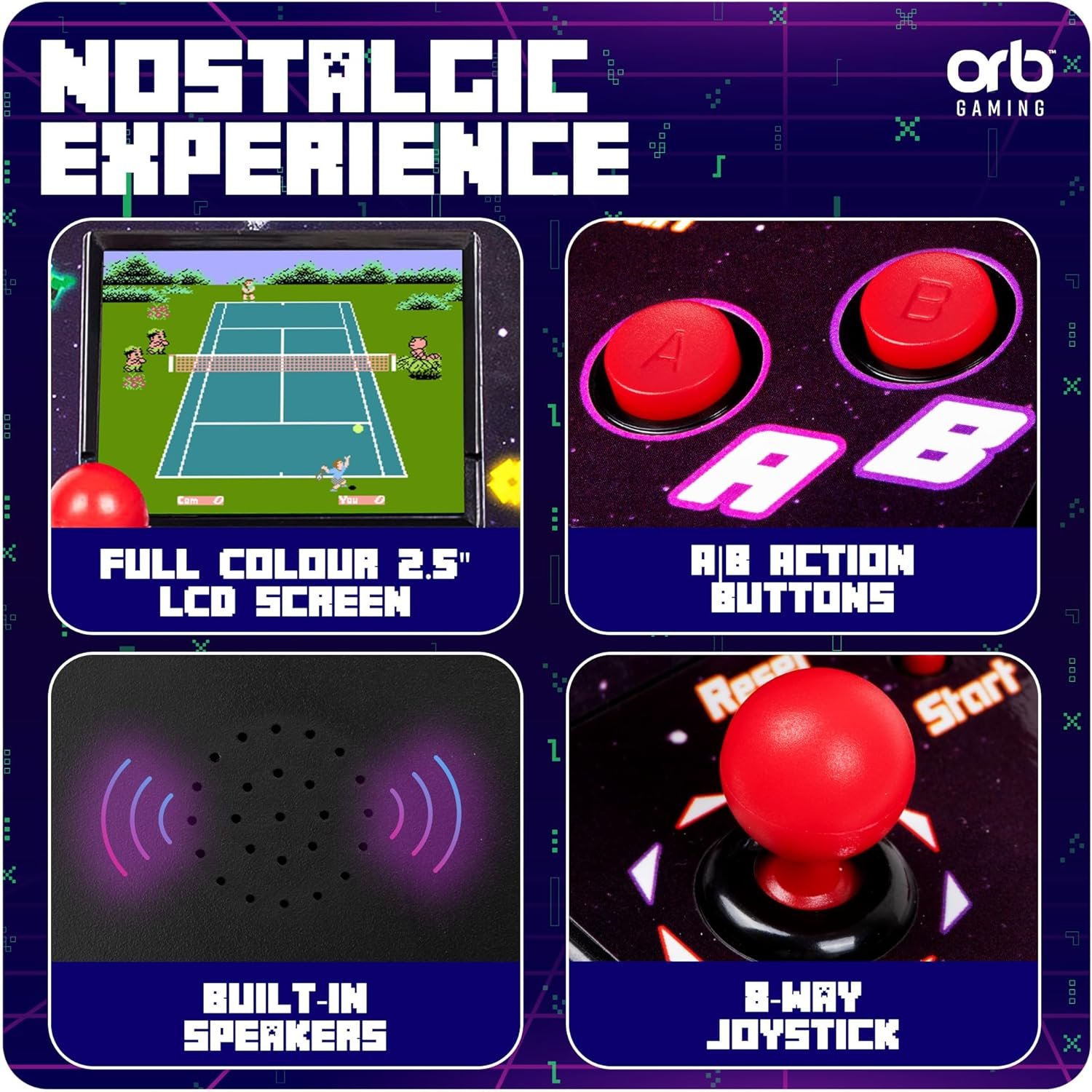 Mini Arcade Machine, 240 Built-In 8-Bit Games, 2.5” Full Colour Screen, 8-Way Joystick, Handheld Retro Games Console – Orb Gaming by ThumbsUp! - Image 5