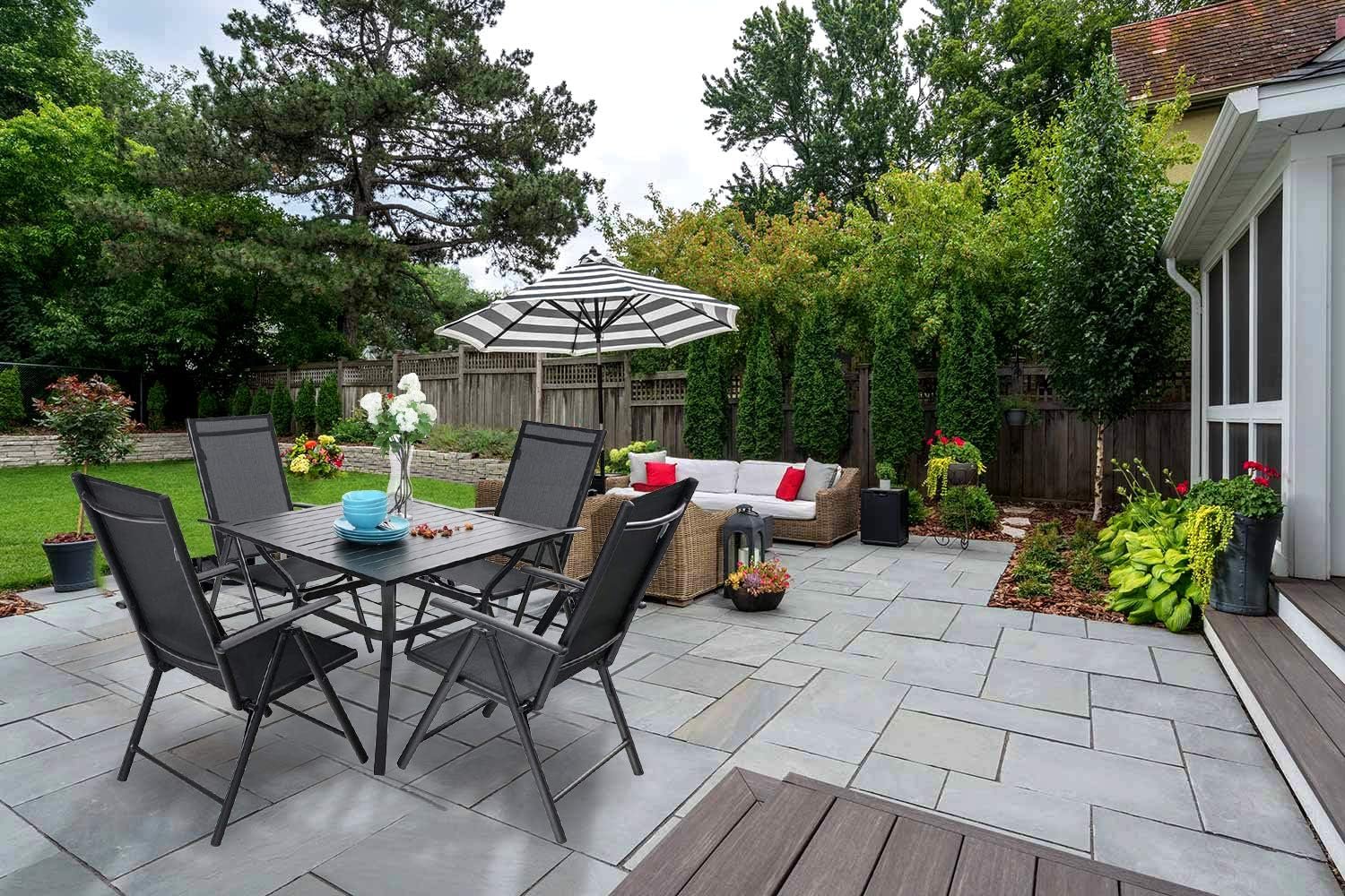 PHIVILLA 4 Seater Garden Dining Table and Chairs Set 4 Patio Set Furniture Metal Garden Table and Aluminum Recliner Chair Black (Black) - Image 5