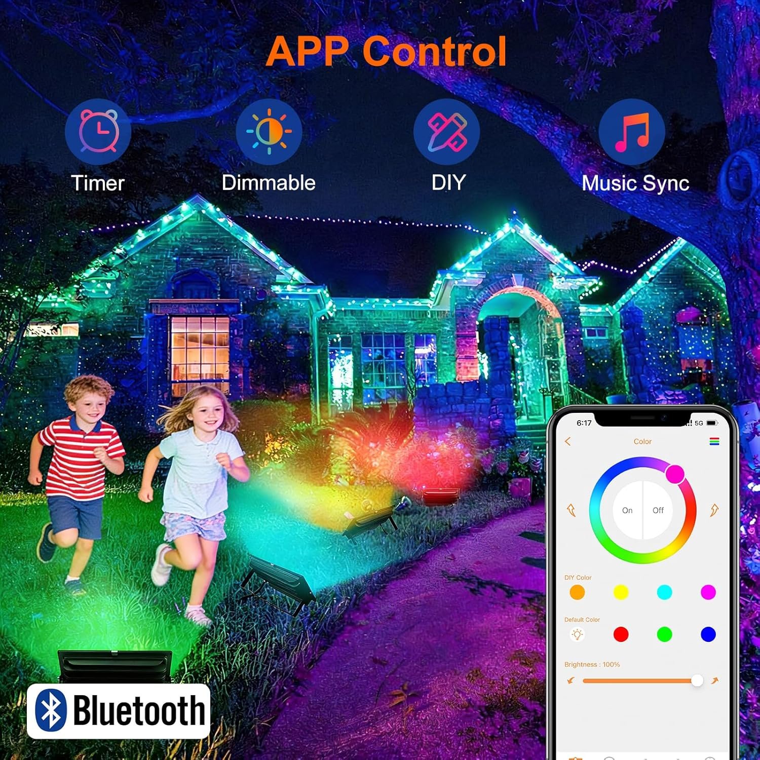LED Flood Lights RGB Colour Changing 300W Equivalent Outdoor, 30W Bluetooth RGBW Smart Floodlight APP Control, IP66 Waterproof, Timing, 2700K & 16 Million Colours for Garden Stage, DUSKTEC - Image 3