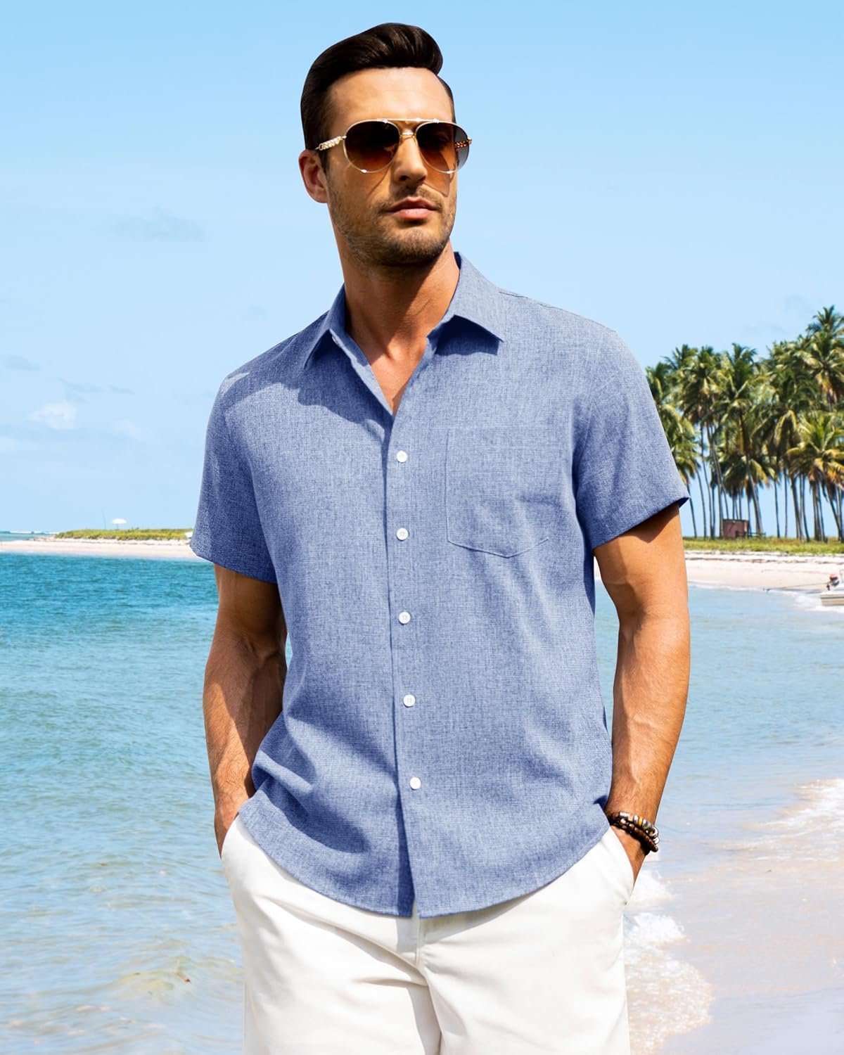 J.VER Mens Linen Shirts Short Sleeve Summer Beach Holiday Regular Fit Casual Button Down Shirt - Image 2