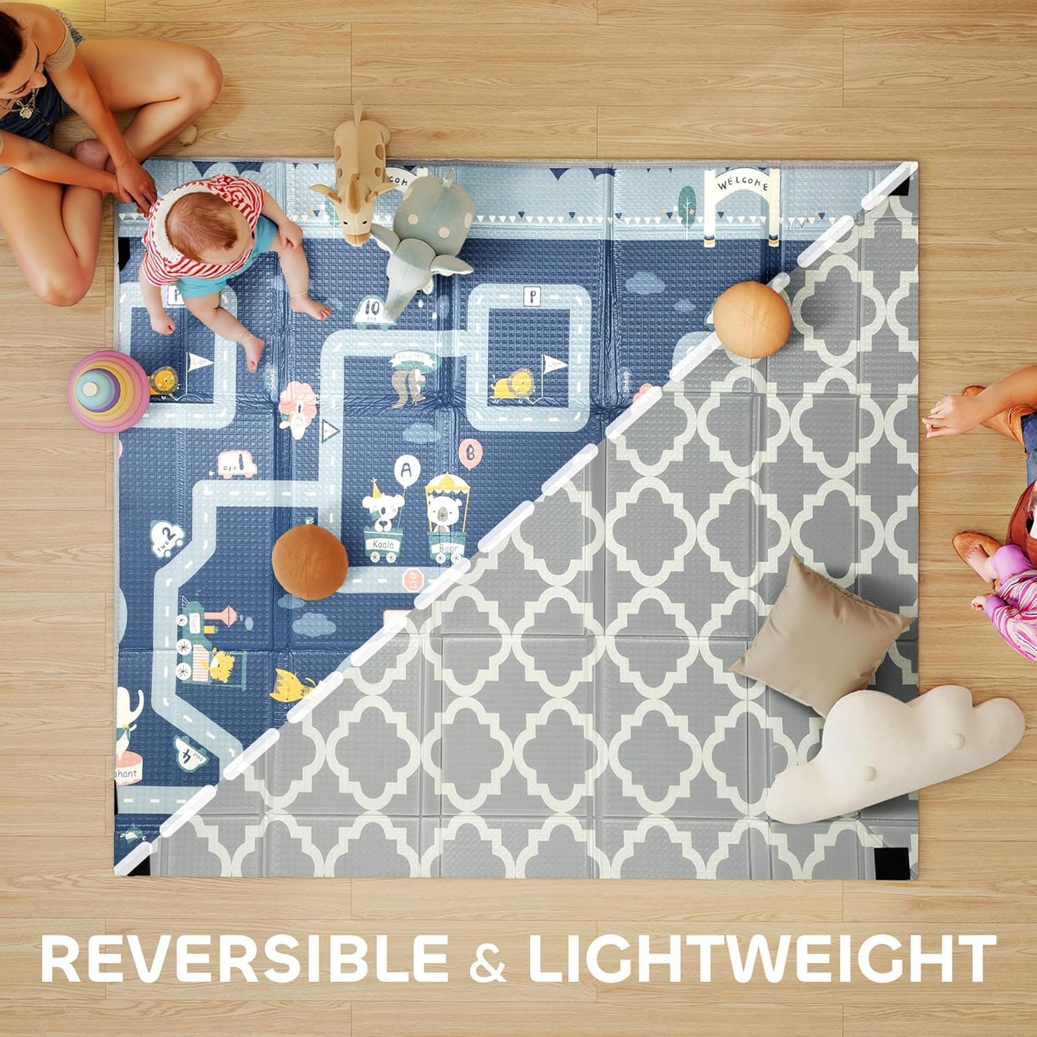 AIYAPLAY Foldable Baby Play Mat Double-Sided, Baby Playpen Floor Mats for Toddlers, Waterproof Large Foam Playmat for Playroom and Nursery, 202 x 180.5cm, Traffic and Grey Diamond Theme - Image 4