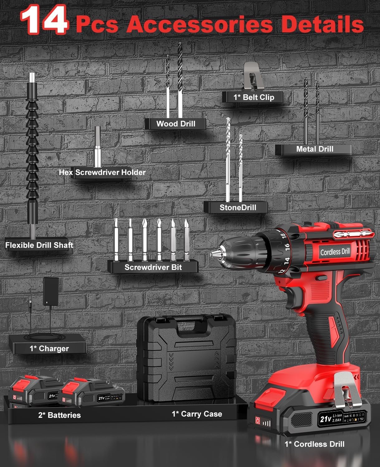 Cordless Drill, Power Drill 21V, Electric Drill Set 42N.m with 2 Batteries 2.0Ah, 10mm Chuck, 2 Speeds, 18+1 Torque, LED Light, 14pcs Drill Set for Garden DIY Project, Red - Image 7
