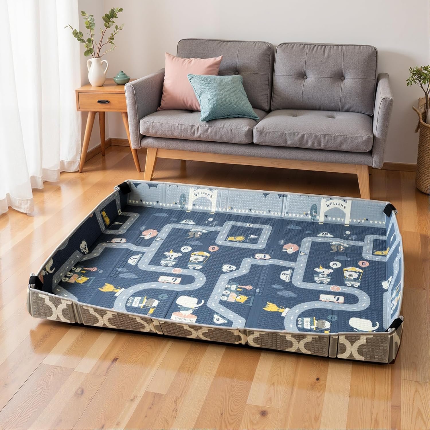AIYAPLAY Foldable Baby Play Mat Double-Sided, Baby Playpen Floor Mats for Toddlers, Waterproof Large Foam Playmat for Playroom and Nursery, 202 x 180.5cm, Traffic and Grey Diamond Theme - Image 9