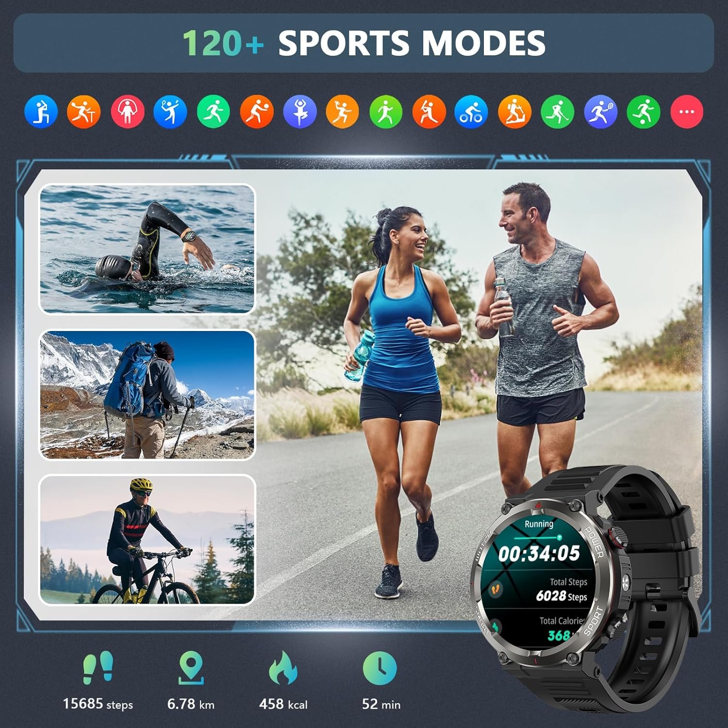 Military Smart Watch for Men(Answer/Make Calls),Outdoor Smartwatch with 100 Days Battery/LED Flashlight/Compass/Heart Rate/SpO2/Sleep Monitor/2 Straps, Rugged Fitness Watch for iPhone/Android Phones - Image 5