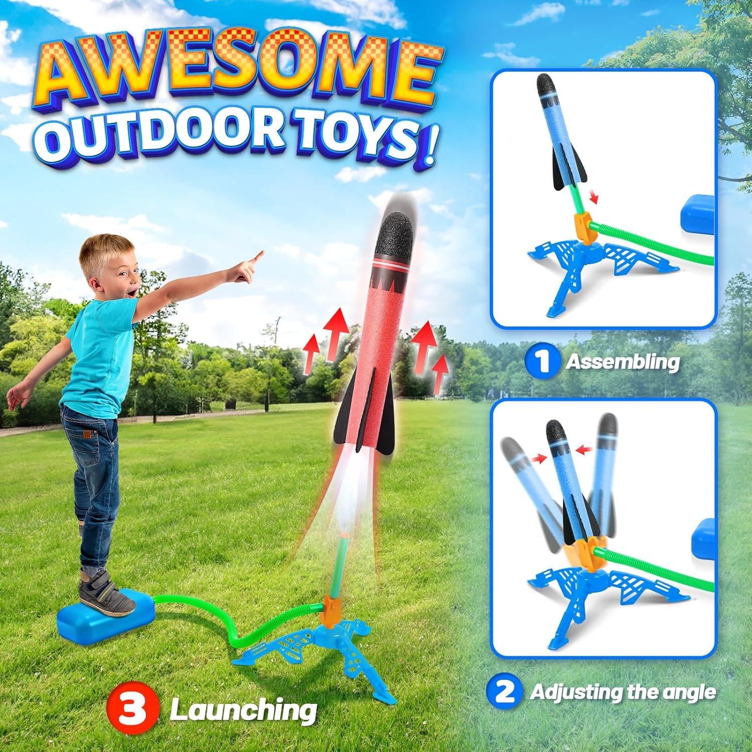 HappyGoLucky 4pcs Foam Rockets Toy Launcher Playset for Kids Fun Outdoor Toys Gifts for Boys Girls - Image 4