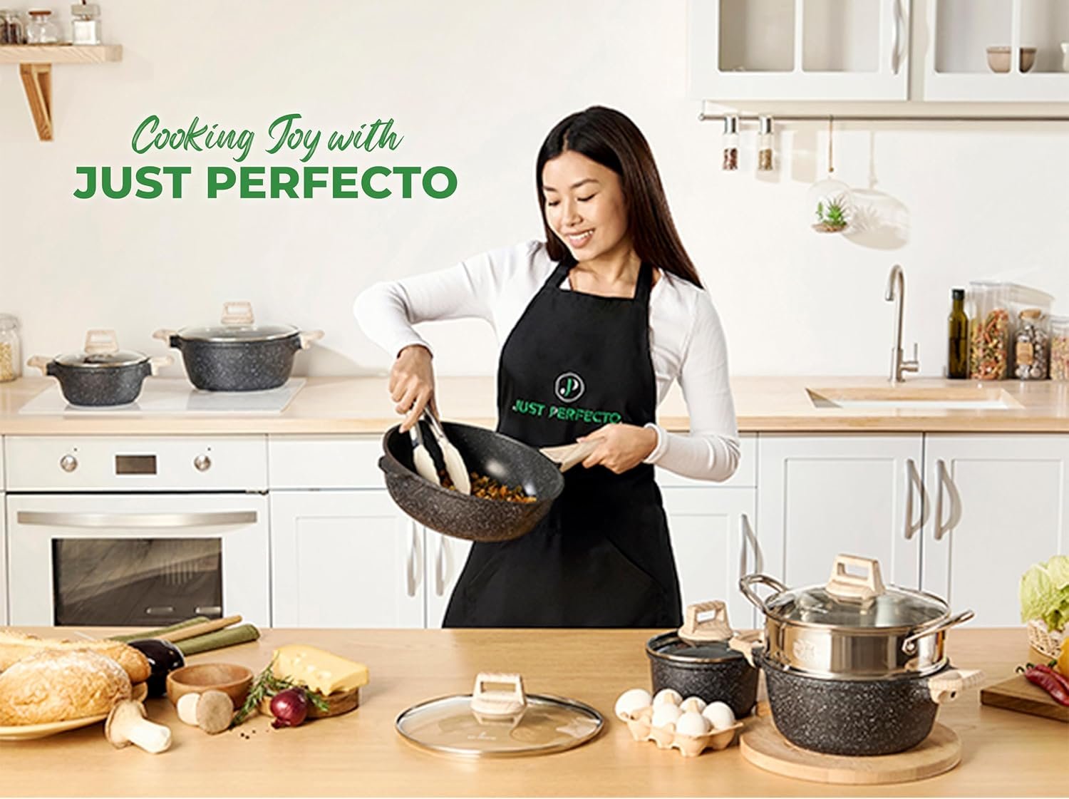 Just Perfecto Set of 15 Pots and Pans, Non-Stick Cookware Set, Black Granite Induction Cookware Non-Stick Set with Frying Pans and Saucepans (PFOS, PFOA Free) - Image 7