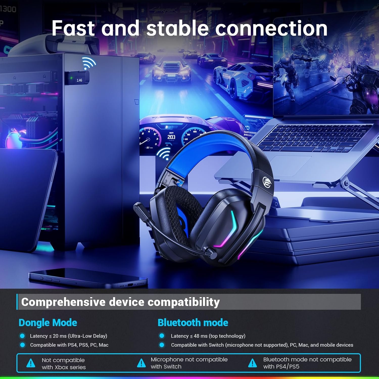 Fachixy FC300 Wireless Gaming Headset with Mic - Bluetooth and 2.4GHz USB Gaming Headphones with 50Hr Battery & 3D Stereo Sound - For PS5, PS4,PC, Switch, Mobile, Blue - Image 4