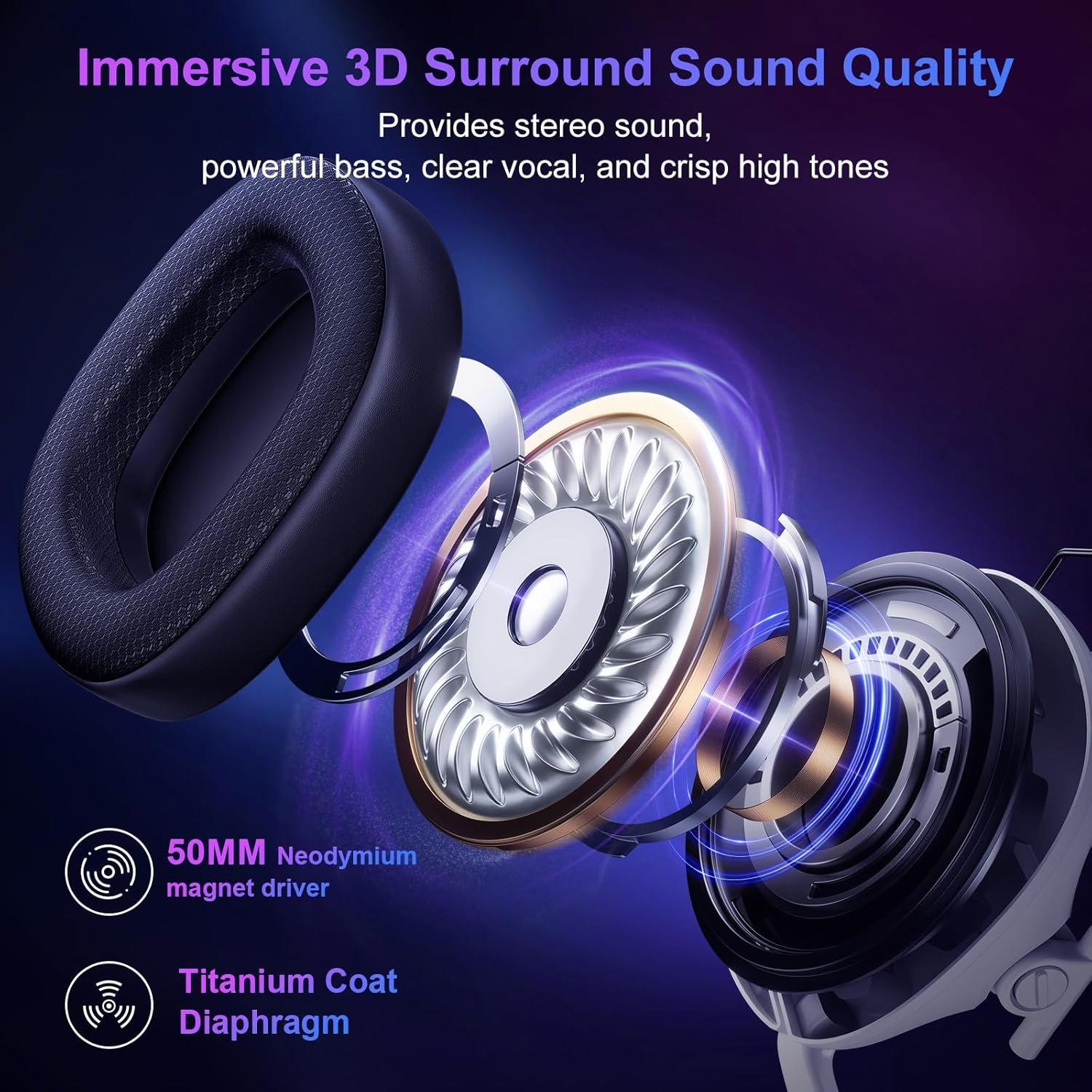 Fachixy FC400 Wireless Gaming Headset, Bluetooth Gaming Headphones with Mic for PS5, PS4, PC, Switch, Laptop, Mac, Fast Charge 50Hr Battery and Cool Lights - White Black - Image 2