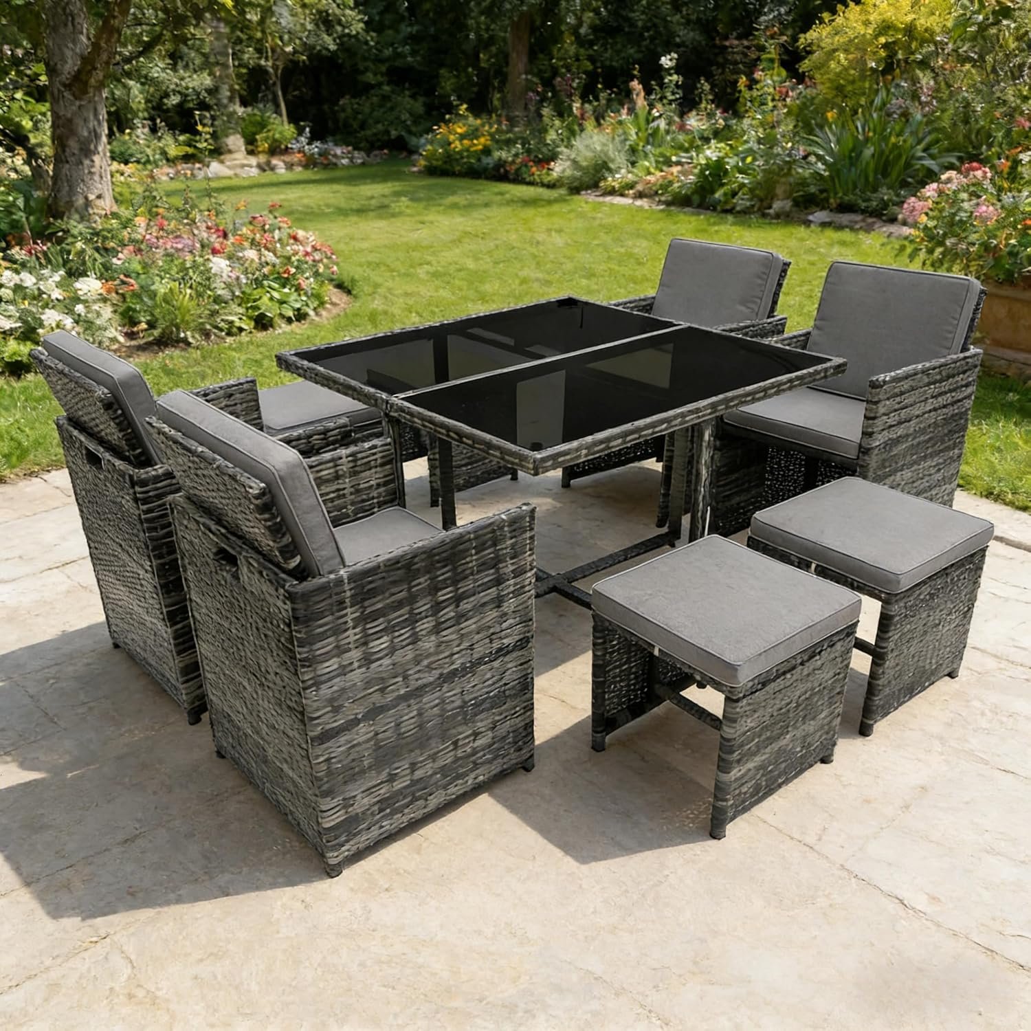 Panana 8 Seater Rattan Garden Dining Set with Table, 4 Chairs & 4 Stools, Cube Space Saving Outdoor Furniture for Patio, Conservator, Garden - Image 2