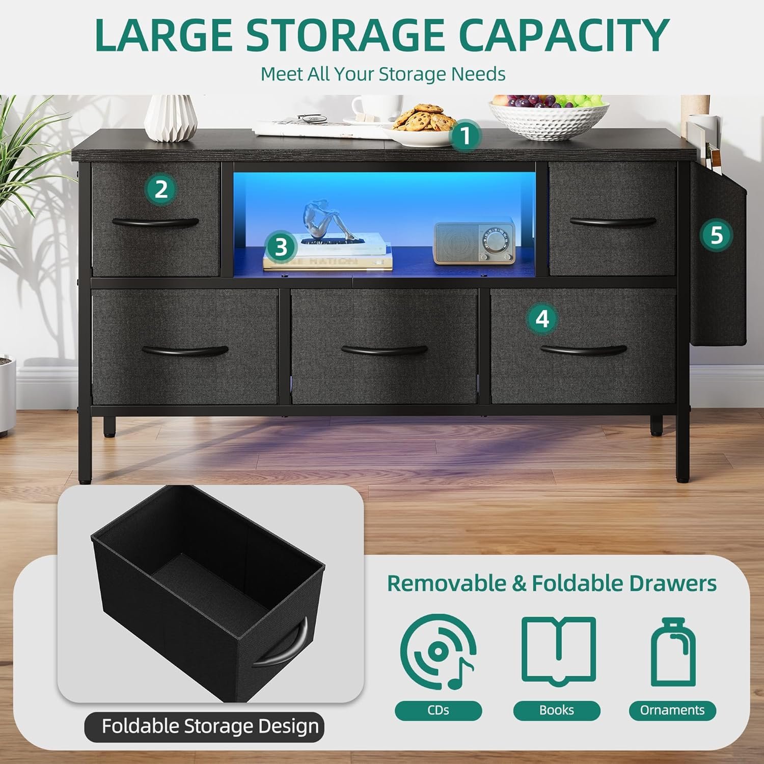 YITAHOME TV Cabinet, TV Stand Cabinet Unit for Living Room with 5 Foldable Drawers and Shelves TV Stand Unit with RGB LED Lighted TV Gaming Entertainment Center with Cabinet for PS5 - Image 5