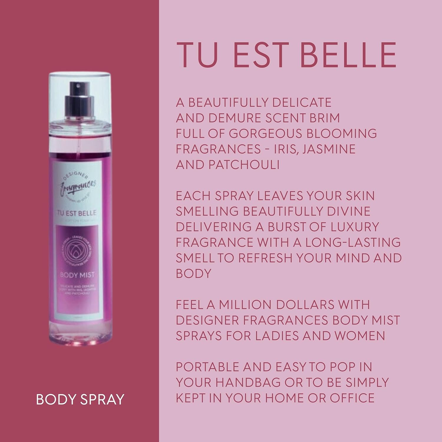 Designer Fragrances 3 Pack Assorted Bundle - Tu Est Belle - Peony - Blu Cloud - Women's Feminine Body Mist Sprays - For Silky Soft, Beautifully Smelling Divine & Fresh Skin, Great Gifts - 250ml - Image 2