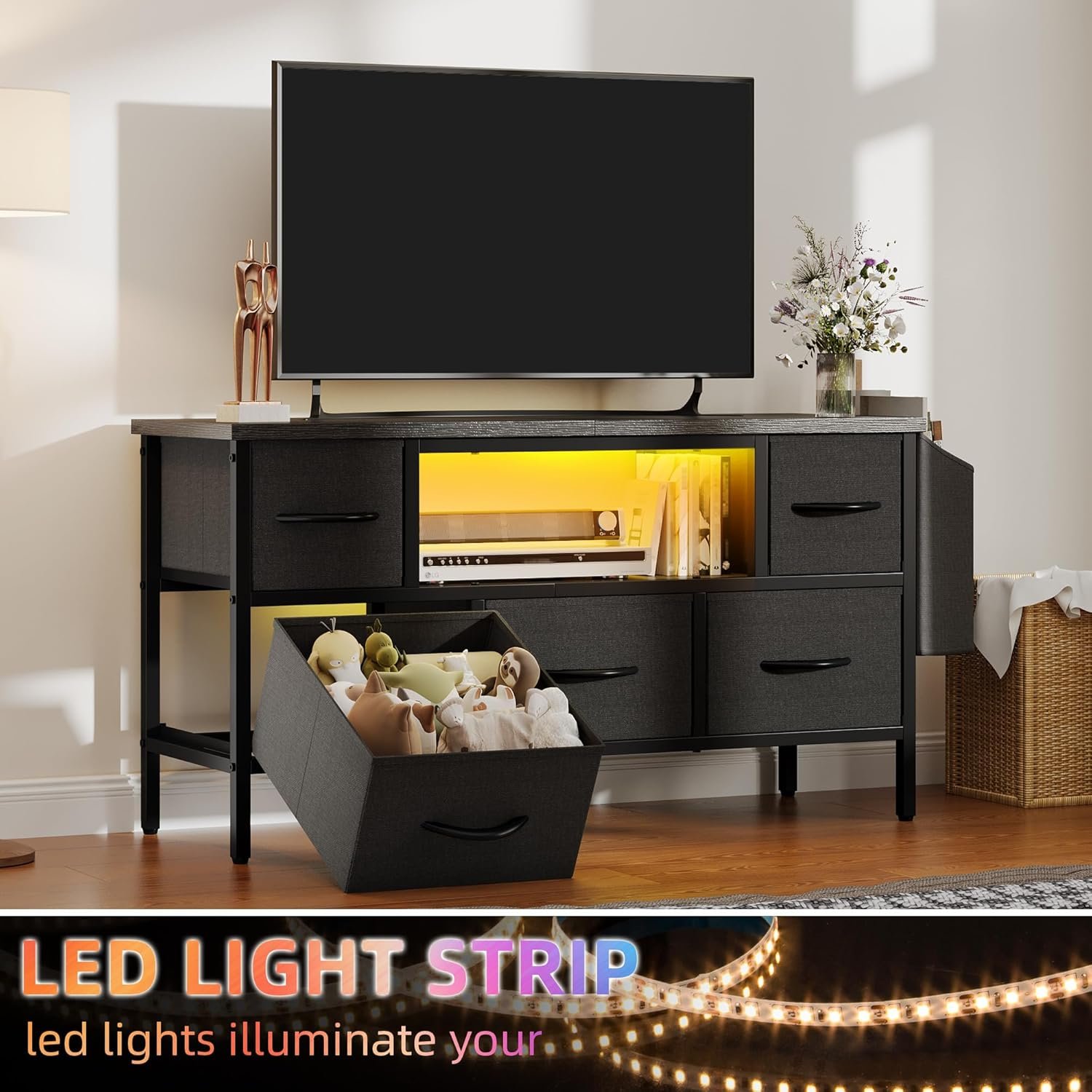 YITAHOME TV Cabinet, TV Stand Cabinet Unit for Living Room with 5 Foldable Drawers and Shelves TV Stand Unit with RGB LED Lighted TV Gaming Entertainment Center with Cabinet for PS5 - Image 7